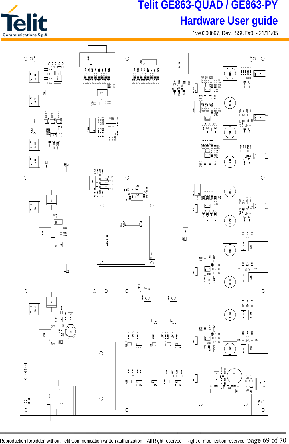 Telit GE863-QUAD / GE863-PY Hardware User guide 1vv0300697, Rev. ISSUE#0, - 21/11/05    Reproduction forbidden without Telit Communication written authorization – All Right reserved – Right of modification reserved page 69 of 70 