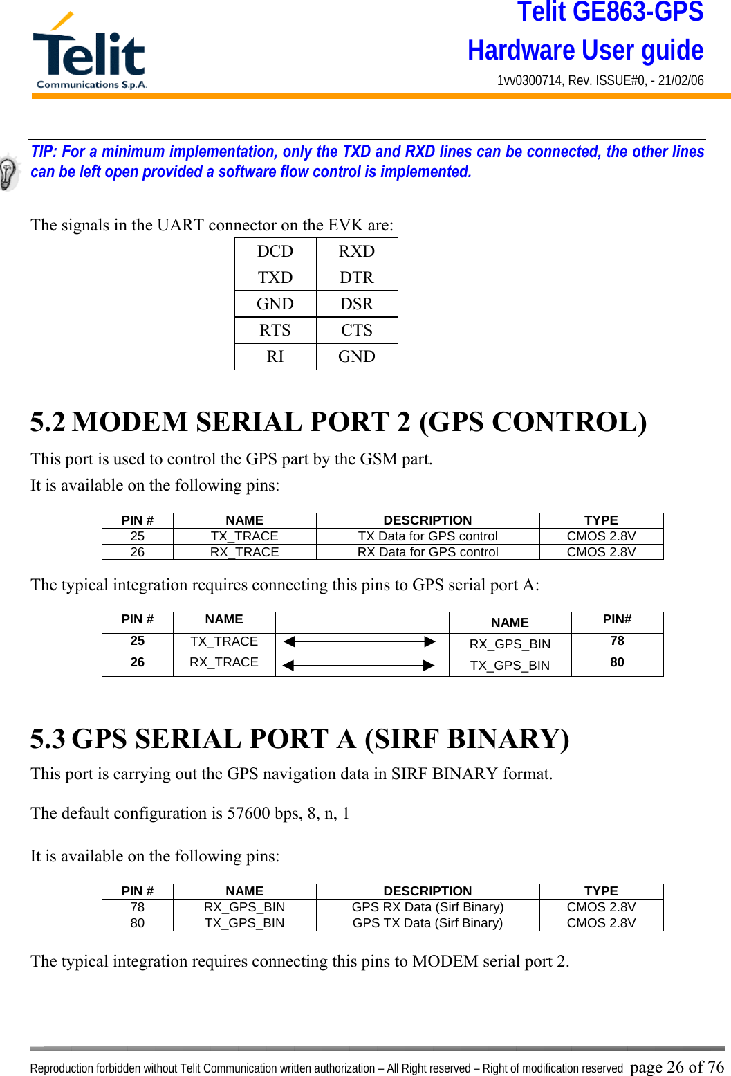 Telit GE863-GPS Hardware User guide 1vv0300714, Rev. ISSUE#0, - 21/02/06    Reproduction forbidden without Telit Communication written authorization – All Right reserved – Right of modification reserved page 26 of 76 TIP: For a minimum implementation, only the TXD and RXD lines can be connected, the other lines can be left open provided a software flow control is implemented.  The signals in the UART connector on the EVK are: DCD RXD TXD DTR GND DSR RTS CTS RI GND  5.2 MODEM SERIAL PORT 2 (GPS CONTROL) This port is used to control the GPS part by the GSM part. It is available on the following pins:  PIN #  NAME  DESCRIPTION  TYPE 25  TX_TRACE  TX Data for GPS control  CMOS 2.8V 26  RX_TRACE  RX Data for GPS control  CMOS 2.8V  The typical integration requires connecting this pins to GPS serial port A:  PIN #  NAME    NAME  PIN# 25  TX_TRACE   RX_GPS_BIN  78 26  RX_TRACE   TX_GPS_BIN  80   5.3 GPS SERIAL PORT A (SIRF BINARY) This port is carrying out the GPS navigation data in SIRF BINARY format.  The default configuration is 57600 bps, 8, n, 1  It is available on the following pins:  PIN #  NAME  DESCRIPTION  TYPE 78  RX_GPS_BIN  GPS RX Data (Sirf Binary)  CMOS 2.8V 80  TX_GPS_BIN  GPS TX Data (Sirf Binary)  CMOS 2.8V  The typical integration requires connecting this pins to MODEM serial port 2.    