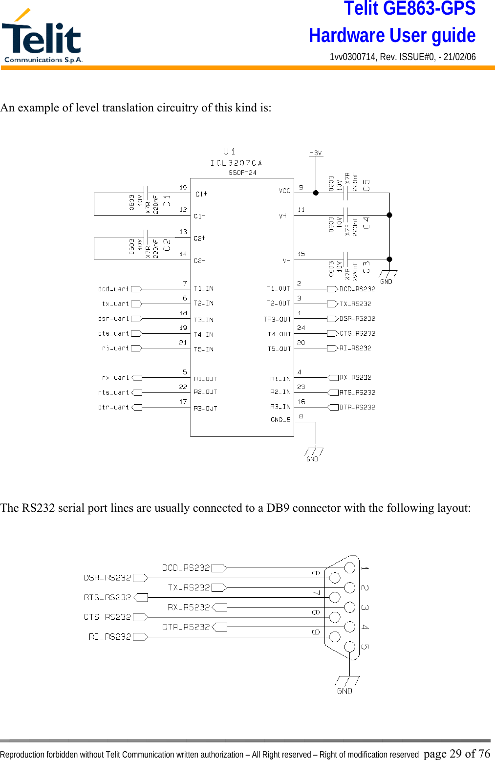 Telit GE863-GPS Hardware User guide 1vv0300714, Rev. ISSUE#0, - 21/02/06    Reproduction forbidden without Telit Communication written authorization – All Right reserved – Right of modification reserved page 29 of 76 An example of level translation circuitry of this kind is:    The RS232 serial port lines are usually connected to a DB9 connector with the following layout: 