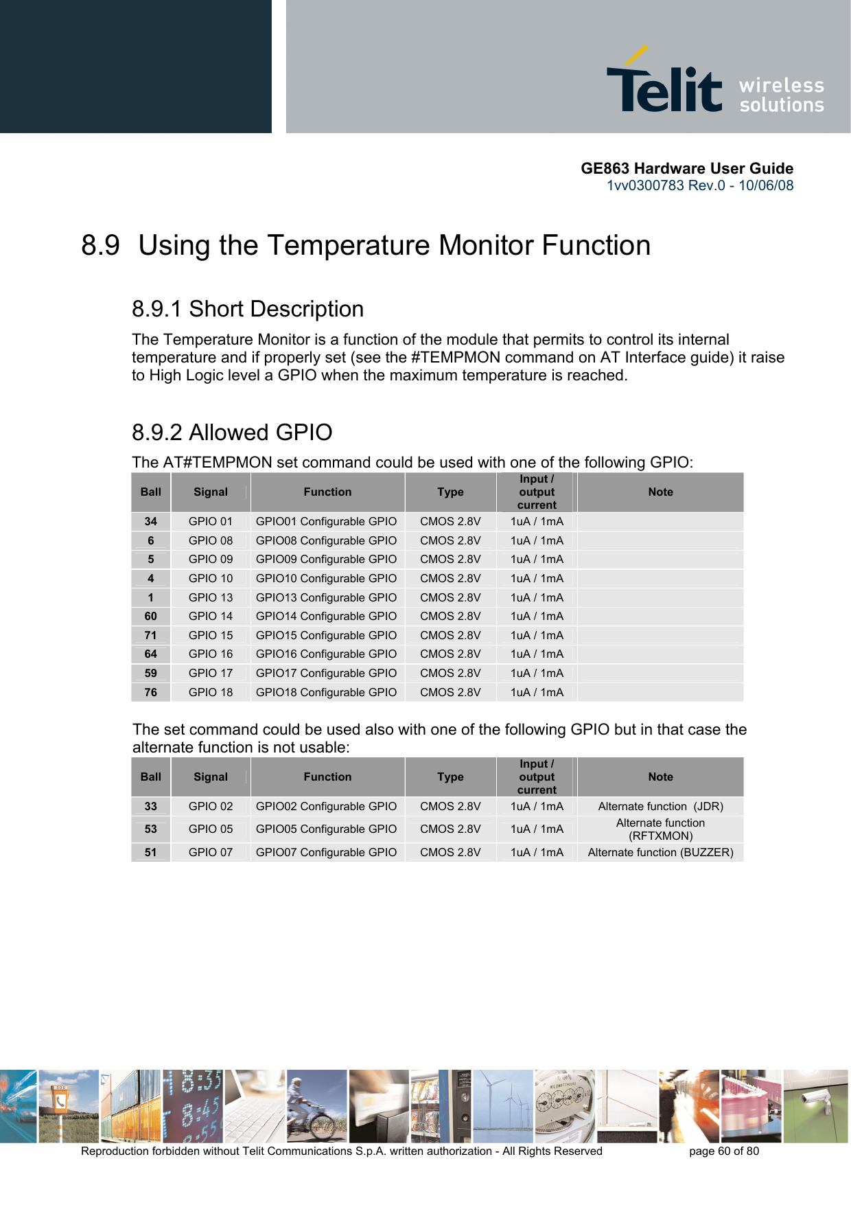       GE863 Hardware User Guide 1vv0300783 Rev.0 - 10/06/08 Reproduction forbidden without Telit Communications S.p.A. written authorization - All Rights Reserved    page 60 of 80  8.9  Using the Temperature Monitor Function 8.9.1 Short Description The Temperature Monitor is a function of the module that permits to control its internal temperature and if properly set (see the #TEMPMON command on AT Interface guide) it raise to High Logic level a GPIO when the maximum temperature is reached. 8.9.2 Allowed GPIO  The AT#TEMPMON set command could be used with one of the following GPIO: Ball  Signal  Function  Type Input / output current Note 34  GPIO 01  GPIO01 Configurable GPIO  CMOS 2.8V  1uA / 1mA   6  GPIO 08  GPIO08 Configurable GPIO  CMOS 2.8V  1uA / 1mA   5  GPIO 09  GPIO09 Configurable GPIO  CMOS 2.8V  1uA / 1mA   4  GPIO 10  GPIO10 Configurable GPIO  CMOS 2.8V  1uA / 1mA   1  GPIO 13  GPIO13 Configurable GPIO  CMOS 2.8V  1uA / 1mA   60  GPIO 14  GPIO14 Configurable GPIO  CMOS 2.8V  1uA / 1mA   71  GPIO 15  GPIO15 Configurable GPIO  CMOS 2.8V  1uA / 1mA   64  GPIO 16  GPIO16 Configurable GPIO  CMOS 2.8V  1uA / 1mA   59  GPIO 17  GPIO17 Configurable GPIO  CMOS 2.8V  1uA / 1mA   76  GPIO 18  GPIO18 Configurable GPIO  CMOS 2.8V  1uA / 1mA    The set command could be used also with one of the following GPIO but in that case the alternate function is not usable: Ball  Signal  Function  Type Input / output current Note 33  GPIO 02  GPIO02 Configurable GPIO  CMOS 2.8V  1uA / 1mA  Alternate function  (JDR) 53  GPIO 05  GPIO05 Configurable GPIO  CMOS 2.8V  1uA / 1mA  Alternate function (RFTXMON) 51  GPIO 07  GPIO07 Configurable GPIO  CMOS 2.8V  1uA / 1mA  Alternate function (BUZZER)  
