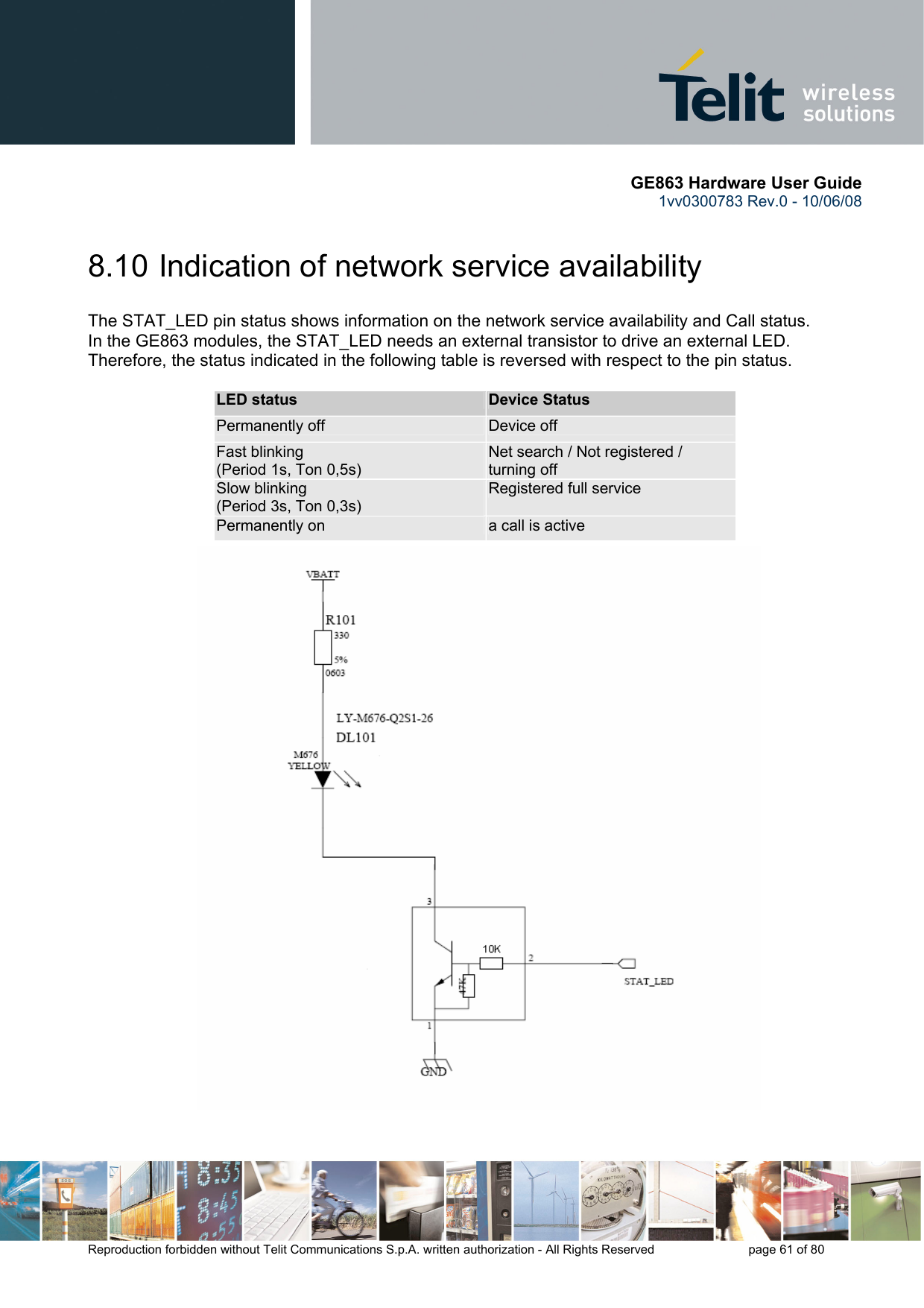       GE863 Hardware User Guide 1vv0300783 Rev.0 - 10/06/08 Reproduction forbidden without Telit Communications S.p.A. written authorization - All Rights Reserved    page 61 of 80  8.10  Indication of network service availability The STAT_LED pin status shows information on the network service availability and Call status.  In the GE863 modules, the STAT_LED needs an external transistor to drive an external LED. Therefore, the status indicated in the following table is reversed with respect to the pin status.             LED status  Device Status Permanently off  Device off Fast blinking  (Period 1s, Ton 0,5s) Net search / Not registered / turning off Slow blinking (Period 3s, Ton 0,3s) Registered full service Permanently on  a call is active        