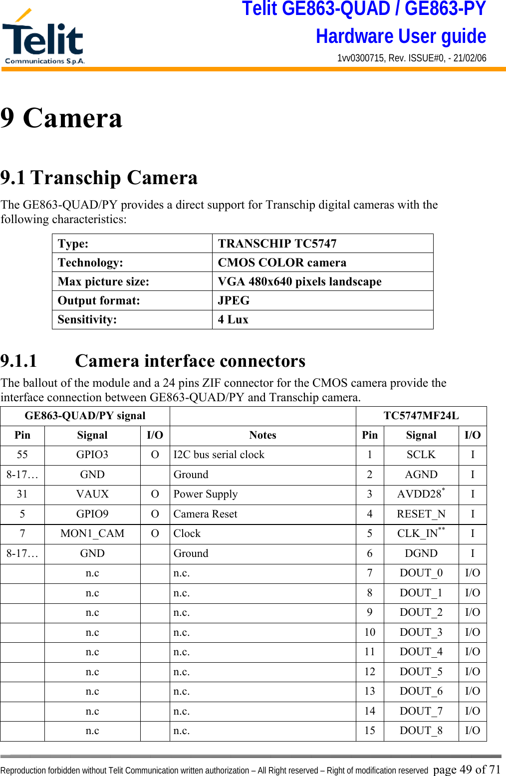 Telit GE863-QUAD / GE863-PY Hardware User guide 1vv0300715, Rev. ISSUE#0, - 21/02/06    Reproduction forbidden without Telit Communication written authorization – All Right reserved – Right of modification reserved page 49 of 71 9 Camera 9.1 Transchip Camera  The GE863-QUAD/PY provides a direct support for Transchip digital cameras with the following characteristics:  9.1.1   Camera interface connectors The ballout of the module and a 24 pins ZIF connector for the CMOS camera provide the interface connection between GE863-QUAD/PY and Transchip camera. GE863-QUAD/PY signal    TC5747MF24L Pin Signal I/O  Notes  Pin Signal I/O55  GPIO3  O  I2C bus serial clock  1  SCLK  I 8-17… GND   Ground  2 AGND I 31 VAUX O Power Supply  3 AVDD28* I 5 GPIO9 O Camera Reset  4 RESET_N I 7 MON1_CAM O Clock  5 CLK_IN** I 8-17… GND   Ground  6 DGND I  n.c  n.c.  7 DOUT_0 I/O  n.c  n.c.  8 DOUT_1  I/O  n.c  n.c.  9 DOUT_2 I/O  n.c  n.c.  10 DOUT_3 I/O  n.c  n.c.  11 DOUT_4 I/O  n.c  n.c.  12 DOUT_5 I/O  n.c  n.c.  13 DOUT_6 I/O  n.c  n.c.  14 DOUT_7 I/O  n.c  n.c.  15 DOUT_8 I/O Type: TRANSCHIP TC5747 Technology:  CMOS COLOR camera Max picture size:  VGA 480x640 pixels landscape Output format:  JPEG Sensitivity: 4 Lux 