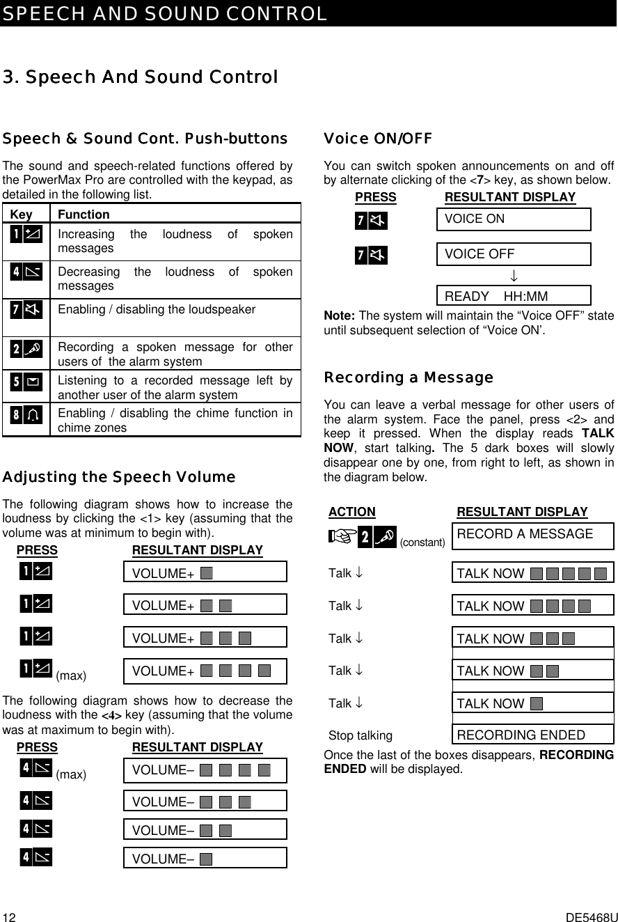 SPEECH AND SOUND CONTROL 12  DE5468U 3. 3. 3. 3. Speech And Sound ControlSpeech And Sound ControlSpeech And Sound ControlSpeech And Sound Control    Speech &amp; Sound Cont. PushSpeech &amp; Sound Cont. PushSpeech &amp; Sound Cont. PushSpeech &amp; Sound Cont. Push----buttonsbuttonsbuttonsbuttons    The sound and speech-related functions offered by the PowerMax Pro are controlled with the keypad, as detailed in the following list. Key Function   Increasing the loudness of spoken messages    Decreasing the loudness of spoken messages    Enabling / disabling the loudspeaker  Recording a spoken message for other users of  the alarm system  Listening to a recorded message left by another user of the alarm system  Enabling / disabling the chime function in chime zones Adjusting the Speech VolumeAdjusting the Speech VolumeAdjusting the Speech VolumeAdjusting the Speech Volume    The following diagram shows how to increase the loudness by clicking the &lt;1&gt; key (assuming that the volume was at minimum to begin with). PRESS RESULTANT DISPLAY   VOLUME+      VOLUME+         VOLUME+          (max) VOLUME+           The following diagram shows how to decrease the loudness with the &lt;4&gt; key (assuming that the volume was at maximum to begin with). PRESS RESULTANT DISPLAY   (max) VOLUME–               VOLUME–            VOLUME–           VOLUME–     Voice ON/OFFVoice ON/OFFVoice ON/OFFVoice ON/OFF    You can switch spoken announcements on and off by alternate clicking of the &lt;7&gt; key, as shown below. PRESS RESULTANT DISPLAY  VOICE ON  VOICE OFF  ↓  READY    HH:MM Note: The system will maintain the “Voice OFF” state until subsequent selection of “Voice ON’. Recording a MessageRecording a MessageRecording a MessageRecording a Message    You can leave a verbal message for other users of the alarm system. Face the panel, press &lt;2&gt; and keep it pressed. When the display reads TALK NOW, start talking. The 5 dark boxes will slowly disappear one by one, from right to left, as shown in the diagram below.  ACTION RESULTANT DISPLAY  (constant)RECORD A MESSAGE Talk ↓ TALK NOW           Talk ↓ TALK NOW        Talk ↓ TALK NOW      Talk ↓ TALK NOW      Talk ↓ TALK NOW    Stop talking RECORDING ENDED Once the last of the boxes disappears, RECORDING ENDED will be displayed.  