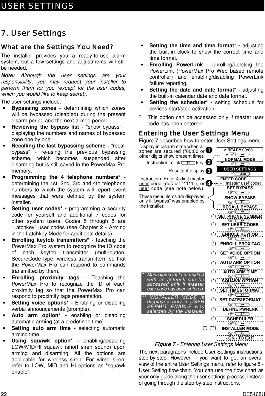 USER SETTINGS 22  DE5468U 7. 7. 7. 7. User SettingsUser SettingsUser SettingsUser Settings    What are the Settings You Need?What are the Settings You Need?What are the Settings You Need?What are the Settings You Need?    The installer provides you a ready-to-use alarm system, but a few settings and adjustments will still be needed.  Note: Although the user settings are your responsibility, you may request your installer to perform them for you (except for the user codes, which you would like to keep secret). The user settings include: • Bypassing zones - determining which zones will be bypassed (disabled) during the present disarm period and the next armed period.  • Reviewing the bypass list - &quot;show bypass&quot; - displaying the numbers and names of bypassed zone one by one. • Recalling the last bypassing scheme - &quot;recall bypass&quot; - re-using the previous bypassing scheme, which becomes suspended after disarming but is still saved in the PowerMax Pro memory. • Programming the 4 telephone numbers* - determining the 1st, 2nd, 3rd and 4th telephone numbers to which the system will report event messages that were defined by the system installer. • Setting user codes* - programming a security code for yourself and additional 7 codes for other system users. Codes 5 through 8 are “Latchkey” user codes (see Chapter 2 - Arming in the Latchkey Mode for additional details). • Enrolling keyfob transmitters* - teaching the PowerMax Pro system to recognize the ID code of each keyfob transmitter (multi-button, SecureCode type, wireless transmitter), so that the PowerMax Pro can respond to commands transmitted by them. • Enrolling proximity tags - Teaching the PowerMax Pro to recognize the ID of each proximity tag so that the PowerMax Pro can respond to proximity tags presentation. • Setting voice options* - Enabling or disabling verbal announcements (prompts).  • Auto arm option* - enabling or disabling automatic arming (at a predefined time). • Setting auto arm time - selecting automatic arming time. • Using squawk option* - enabling/disabling LOW/MID/HI squawk (short siren sound) upon arming and disarming. All the options are applicable for wireless siren. For wired siren, refer to LOW, MID and HI options as &quot;squawk enable&quot;. • Setting the time and time format* - adjusting the built-in clock to show the correct time and time format. • Enrolling PowerLink - enrolling/deleting the PowerLink (PowerMax Pro Web based remote controller) and enabling/disabling PowerLink failure reporting.  • Setting the date and date format* - adjusting the built-in calendar date and date format. • Setting the scheduler*  -  setting schedule for devices start/stop activation. *  This option can be accessed only if master user code has been entered. Entering the User Settings MenuEntering the User Settings MenuEntering the User Settings MenuEntering the User Settings Menu    Figure 7 describes how to enter User Settings menu. 2Display in disarm state when allzones are secured (”00:00 orother digits show present time).1Instruction: click            keyResultant displayInstruction: Enter 4-digit masteruser code (default “1111”), oruser code (see note below).43ENTER CODE _ _ _ _&amp;&amp;&amp;READY 00:00NORMAL MODEUSER SETTINGS[master/ user code]&amp;SHOW BYPASSRECALL BYPASSSET PHONE NUMBER&apos;SET USER CODES&apos;&apos;&apos;(*)(*)SET BYPASSThese menu items are displayedonly if “bypass” was enabled bythe installer.*   Menu items that are markedwith an asterisk can beaccessed only if masteruser code has been entered.** INSTALLER MODE isdisplayed only if USERPERMIT ENABLE wasselected by the installer.&apos;ENROLL KEYFOB(*)&apos;ENROLL PROX TAG(*)&apos;AUTO ARM OPTIONAUTO ARM TIMESQUAWK OPTIONSET TIME&amp;FORMATSET DATE&amp;FORMAT&lt;OK&gt; TO EXITSET VOICE OPTION&apos;&apos;&apos;&apos;(*)(*)(*)(*)(*)&apos;(*)&apos;(*)DEFINE PWRLNK&apos;(**)INSTALLER MODE(*)SCHEDULER&apos;(*)&apos; Figure 7 - Entering User Settings Menu The next paragraphs include User Settings instructions, step-by-step. However, if you want to get an overall view of the entire User Settings menu, refer to figure 8 - User Setting flow-chart. You can use the flow chart as your only guide along the user settings process, instead of going through the step-by-step instructions. 