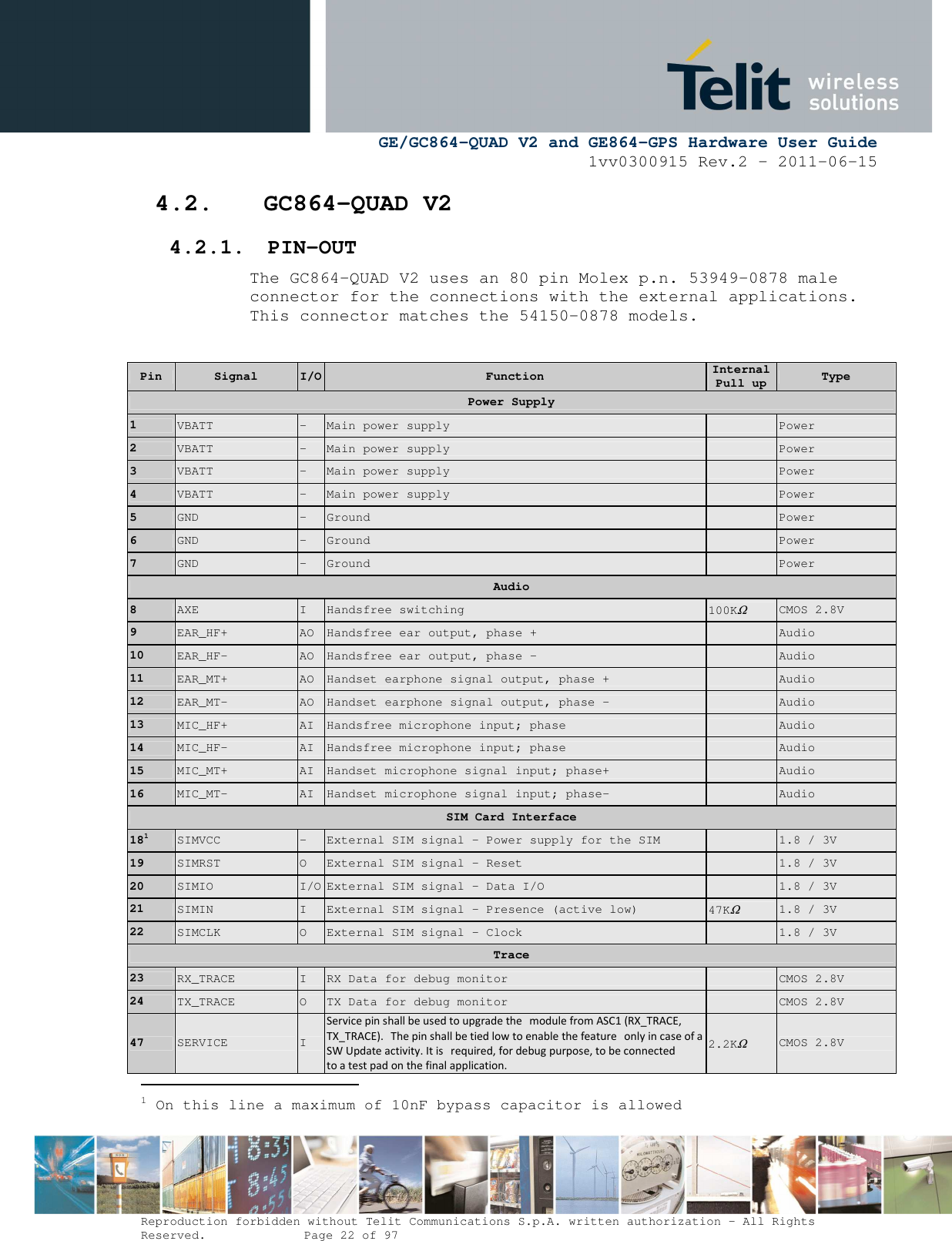      GE/GC864-QUAD V2 and GE864-GPS Hardware User Guide 1vv0300915 Rev.2 – 2011-06-15  Reproduction forbidden without Telit Communications S.p.A. written authorization - All Rights Reserved.    Page 22 of 97  4.2. GC864-QUAD V2 4.2.1. PIN-OUT The GC864-QUAD V2 uses an 80 pin Molex p.n. 53949-0878 male connector for the connections with the external applications. This connector matches the 54150-0878 models.  Pin  Signal  I/O Function Internal Pull up  Type Power Supply 1  VBATT  -  Main power supply    Power 2  VBATT  -  Main power supply    Power 3  VBATT  -  Main power supply    Power 4  VBATT  -  Main power supply    Power 5  GND  -  Ground    Power 6  GND  -  Ground    Power 7  GND  -  Ground    Power Audio 8  AXE  I  Handsfree switching  100KΩ CMOS 2.8V 9  EAR_HF+  AO  Handsfree ear output, phase +    Audio 10  EAR_HF-  AO  Handsfree ear output, phase -    Audio 11  EAR_MT+  AO  Handset earphone signal output, phase +    Audio 12  EAR_MT-  AO  Handset earphone signal output, phase -    Audio 13  MIC_HF+  AI  Handsfree microphone input; phase    Audio 14  MIC_HF-  AI  Handsfree microphone input; phase    Audio 15  MIC_MT+  AI  Handset microphone signal input; phase+    Audio 16  MIC_MT-  AI  Handset microphone signal input; phase-    Audio SIM Card Interface 181 SIMVCC  -  External SIM signal – Power supply for the SIM    1.8 / 3V 19  SIMRST  O  External SIM signal – Reset    1.8 / 3V 20  SIMIO  I/O External SIM signal - Data I/O    1.8 / 3V 21  SIMIN  I  External SIM signal - Presence (active low)  47KΩ 1.8 / 3V 22  SIMCLK  O  External SIM signal – Clock    1.8 / 3V Trace 23  RX_TRACE  I  RX Data for debug monitor    CMOS 2.8V 24  TX_TRACE  O  TX Data for debug monitor    CMOS 2.8V 47  SERVICE  I Service pin shall be used to upgrade the module from ASC1 (RX_TRACE, TX_TRACE). The pin shall be tied low to enable the feature only in case of a SW Update activity. It is required, for debug purpose, to be connected to a test pad on the final application. 2.2KΩ CMOS 2.8V                        1 On this line a maximum of 10nF bypass capacitor is allowed 