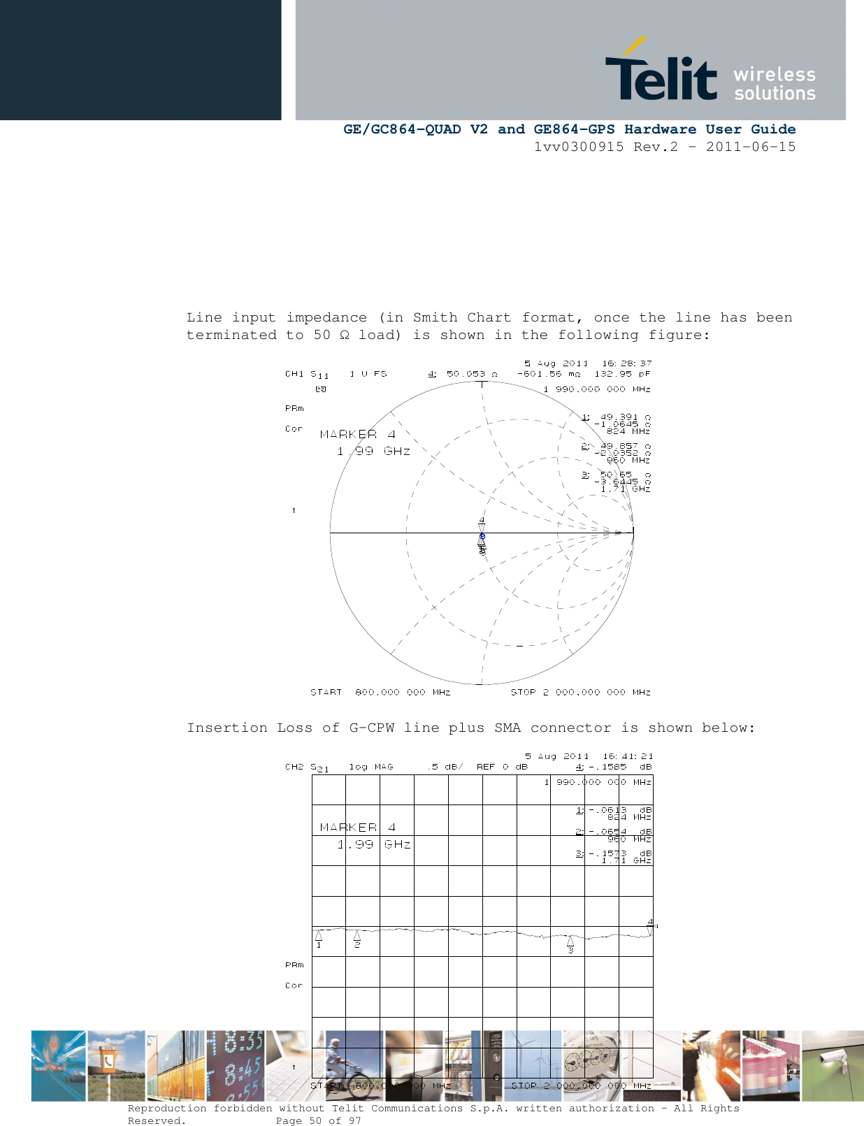      GE/GC864-QUAD V2 and GE864-GPS Hardware User Guide 1vv0300915 Rev.2 – 2011-06-15  Reproduction forbidden without Telit Communications S.p.A. written authorization - All Rights Reserved.    Page 50 of 97          Line input impedance (in Smith Chart format, once the line has been terminated to 50 Ω load) is shown in the following figure:                       Insertion Loss of G-CPW line plus SMA connector is shown below:                 