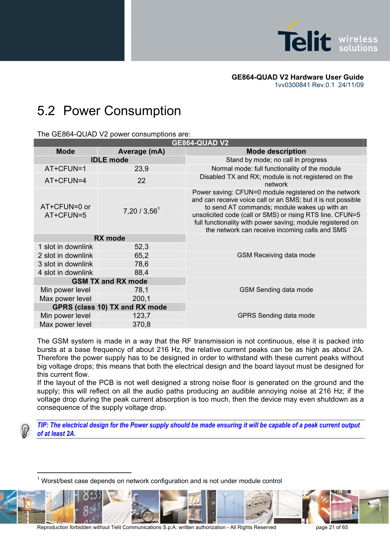       GE864-QUAD V2 Hardware User Guide 1vv0300841 Rev.0.1  24/11/09      Reproduction forbidden without Telit Communications S.p.A. written authorization - All Rights Reserved    page 21 of 65  5.2  Power Consumption The GE864-QUAD V2 power consumptions are:  GE864-QUAD V2 Mode   Average (mA)  Mode description IDLE mode  Stand by mode; no call in progress AT+CFUN=1  23,9  Normal mode: full functionality of the module AT+CFUN=4  22  Disabled TX and RX; module is not registered on the network AT+CFUN=0 or AT+CFUN=5  7,20 / 3,561 Power saving: CFUN=0 module registered on the network and can receive voice call or an SMS; but it is not possible to send AT commands; module wakes up with an unsolicited code (call or SMS) or rising RTS line. CFUN=5 full functionality with power saving; module registered on the network can receive incoming calls and SMS  RX mode 1 slot in downlink  52,3 2 slot in downlink  65,2 3 slot in downlink  78,6 4 slot in downlink  88,4 GSM Receiving data mode GSM TX and RX mode  Min power level  78,1 Max power level  200,1 GSM Sending data mode GPRS (class 10) TX and RX mode  Min power level  123,7 Max power level  370,8 GPRS Sending data mode  The GSM system is made in a way that the RF transmission is not continuous, else it is packed into bursts at a base frequency of about 216 Hz, the relative current peaks can be as high as about 2A. Therefore the power supply has to be designed in order to withstand with these current peaks without big voltage drops; this means that both the electrical design and the board layout must be designed for this current flow. If the layout of the PCB is not well designed a strong noise floor is generated on the ground and the supply; this will reflect on all the audio paths producing an audible annoying noise at 216 Hz; if the voltage drop during the peak current absorption is too much, then the device may even shutdown as a consequence of the supply voltage drop.  TIP: The electrical design for the Power supply should be made ensuring it will be capable of a peak current output of at least 2A.                                                  1 Worst/best case depends on network configuration and is not under module control  