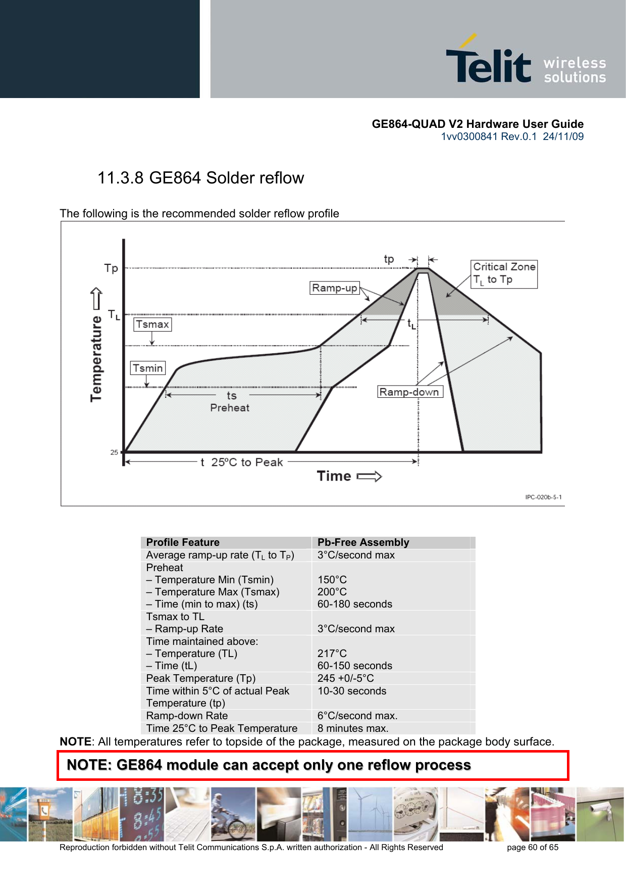       GE864-QUAD V2 Hardware User Guide 1vv0300841 Rev.0.1  24/11/09      Reproduction forbidden without Telit Communications S.p.A. written authorization - All Rights Reserved    page 60 of 65  11.3.8 GE864 Solder reflow  The following is the recommended solder reflow profile   Profile Feature  Pb-Free Assembly Average ramp-up rate (TL to TP)  3°C/second max Preheat – Temperature Min (Tsmin) – Temperature Max (Tsmax) – Time (min to max) (ts)  150°C 200°C 60-180 seconds Tsmax to TL – Ramp-up Rate  3°C/second max Time maintained above: – Temperature (TL) – Time (tL)  217°C 60-150 seconds Peak Temperature (Tp)  245 +0/-5°C Time within 5°C of actual Peak Temperature (tp) 10-30 seconds  Ramp-down Rate  6°C/second max. Time 25°C to Peak Temperature  8 minutes max. NOTE: All temperatures refer to topside of the package, measured on the package body surface.   NNOOTTEE::  GGEE886644  mmoodduullee  ccaann  aacccceepptt  oonnllyy  oonnee  rreeffllooww  pprroocceessss  