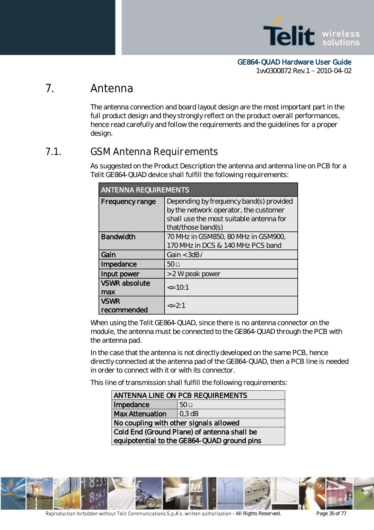      GE864-QUAD Hardware User Guide 1vv0300872 Rev.1   2010-04-02 - All Rights Reserved.    Page 35 of 77  7. Antenna The antenna connection and board layout design are the most important part in the full product design and they strongly reflect on the product overall performances, hence read carefully and follow the requirements and the guidelines for a proper design. 7.1. GSM Antenna Requirements As suggested on the Product Description the antenna and antenna line on PCB for a Telit GE864-QUAD device shall fulfill the following requirements: ANTENNA REQUIREMENTS Frequency range Depending by frequency band(s) provided by the network operator, the customer shall use the most suitable antenna for that/those band(s) Bandwidth 70 MHz in GSM850, 80 MHz in GSM900, 170 MHz in DCS &amp; 140 MHz PCS band Gain Gain &lt; 3dBi Impedance 50 Ω Input power &gt; 2 W peak power VSWR absolute max &lt;= 10:1 VSWR recommended &lt;= 2:1 When using the Telit GE864-QUAD, since there is no antenna connector on the module, the antenna must be connected to the GE864-QUAD through the PCB with the antenna pad. In the case that the antenna is not directly developed on the same PCB, hence directly connected at the antenna pad of the GE864-QUAD, then a PCB line is needed in order to connect with it or with its connector. This line of transmission shall fulfill the following requirements: ANTENNA LINE ON PCB REQUIREMENTS Impedance 50 Ω Max Attenuation 0,3 dB No coupling with other signals allowed Cold End (Ground Plane) of antenna shall be equipotential to the GE864-QUAD ground pins 