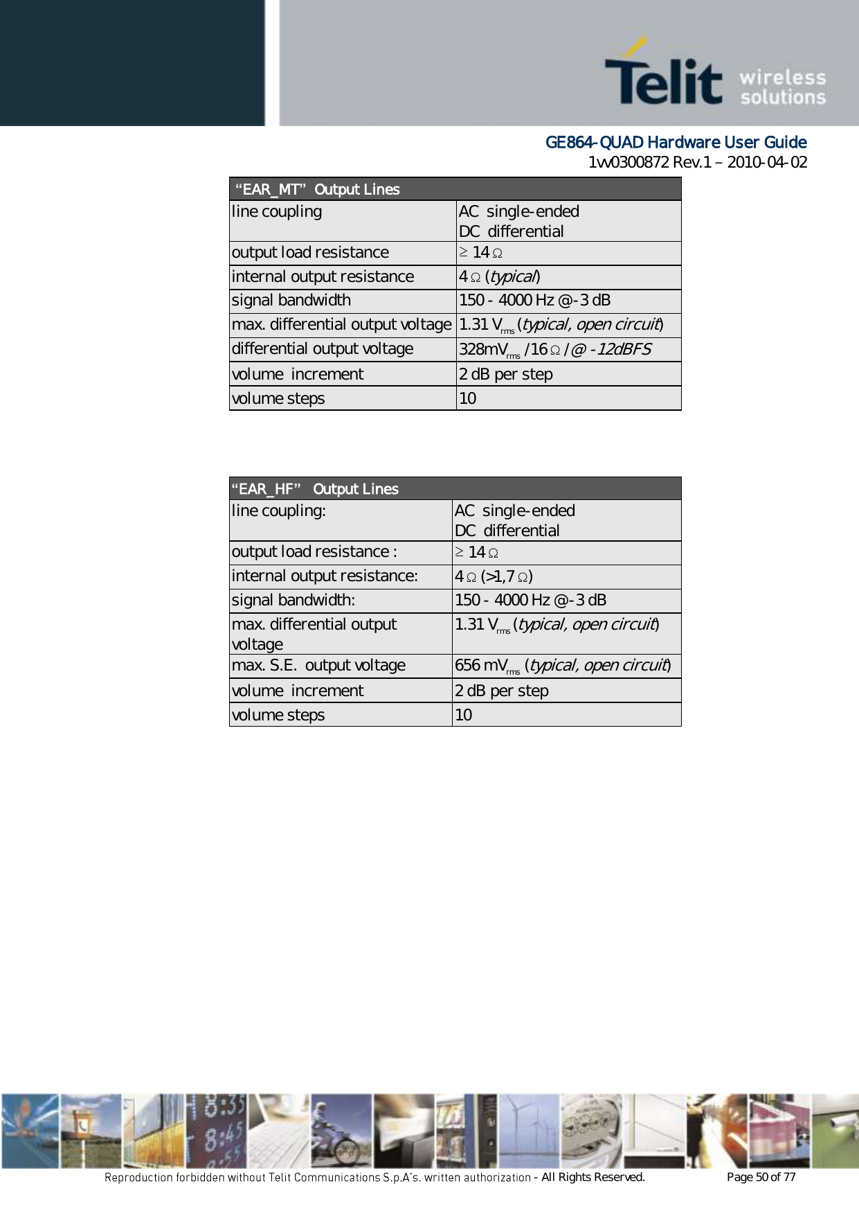      GE864-QUAD Hardware User Guide 1vv0300872 Rev.1   2010-04-02 - All Rights Reserved.    Page 50 of 77   “EAR_MT”  Output Lines line coupling  AC  single-ended DC  differential output load resistance  ≥ 14 Ω internal output resistance 4 Ω (typical) signal bandwidth 150 - 4000 Hz @ -3 dB max. differential output voltage 1.31 Vrms (typical, open circuit) differential output voltage           328mVrms /16 Ω /@  -12dBFS   volume  increment  2 dB per step volume steps 10   “EAR_HF”   Output Lines line coupling:     AC  single-ended  DC  differential output load resistance : ≥ 14 Ω internal output resistance: 4 Ω (&gt;1,7 Ω) signal bandwidth:   150 - 4000 Hz @ -3 dB max. differential output voltage 1.31 Vrms (typical, open circuit) max. S.E.  output voltage 656 mVrms  (typical, open circuit) volume  increment  2 dB per step volume steps 10   