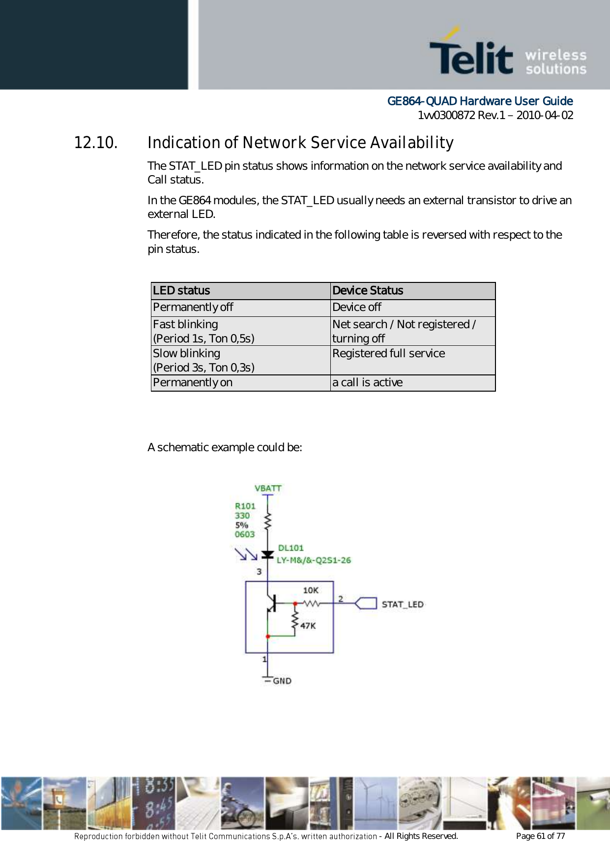      GE864-QUAD Hardware User Guide 1vv0300872 Rev.1   2010-04-02 - All Rights Reserved.    Page 61 of 77  12.10. Indication of Network Service Availability The STAT_LED pin status shows information on the network service availability and Call status. In the GE864 modules, the STAT_LED usually needs an external transistor to drive an external LED. Therefore, the status indicated in the following table is reversed with respect to the pin status.  LED status Device Status Permanently off Device off Fast blinking (Period 1s, Ton 0,5s) Net search / Not registered / turning off Slow blinking (Period 3s, Ton 0,3s) Registered full service Permanently on a call is active    A schematic example could be:             