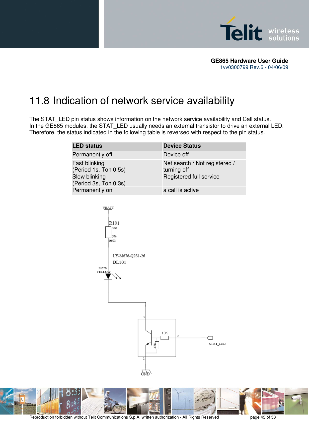      GE865 Hardware User Guide 1vv0300799 Rev.6 - 04/06/09      Reproduction forbidden without Telit Communications S.p.A. written authorization - All Rights Reserved    page 43 of 58   11.8  Indication of network service availability The STAT_LED pin status shows information on the network service availability and Call status.  In the GE865 modules, the STAT_LED usually needs an external transistor to drive an external LED. Therefore, the status indicated in the following table is reversed with respect to the pin status.             LED status Device Status Permanently off  Device off Fast blinking  (Period 1s, Ton 0,5s)  Net search / Not registered / turning off Slow blinking (Period 3s, Ton 0,3s)  Registered full service Permanently on  a call is active        