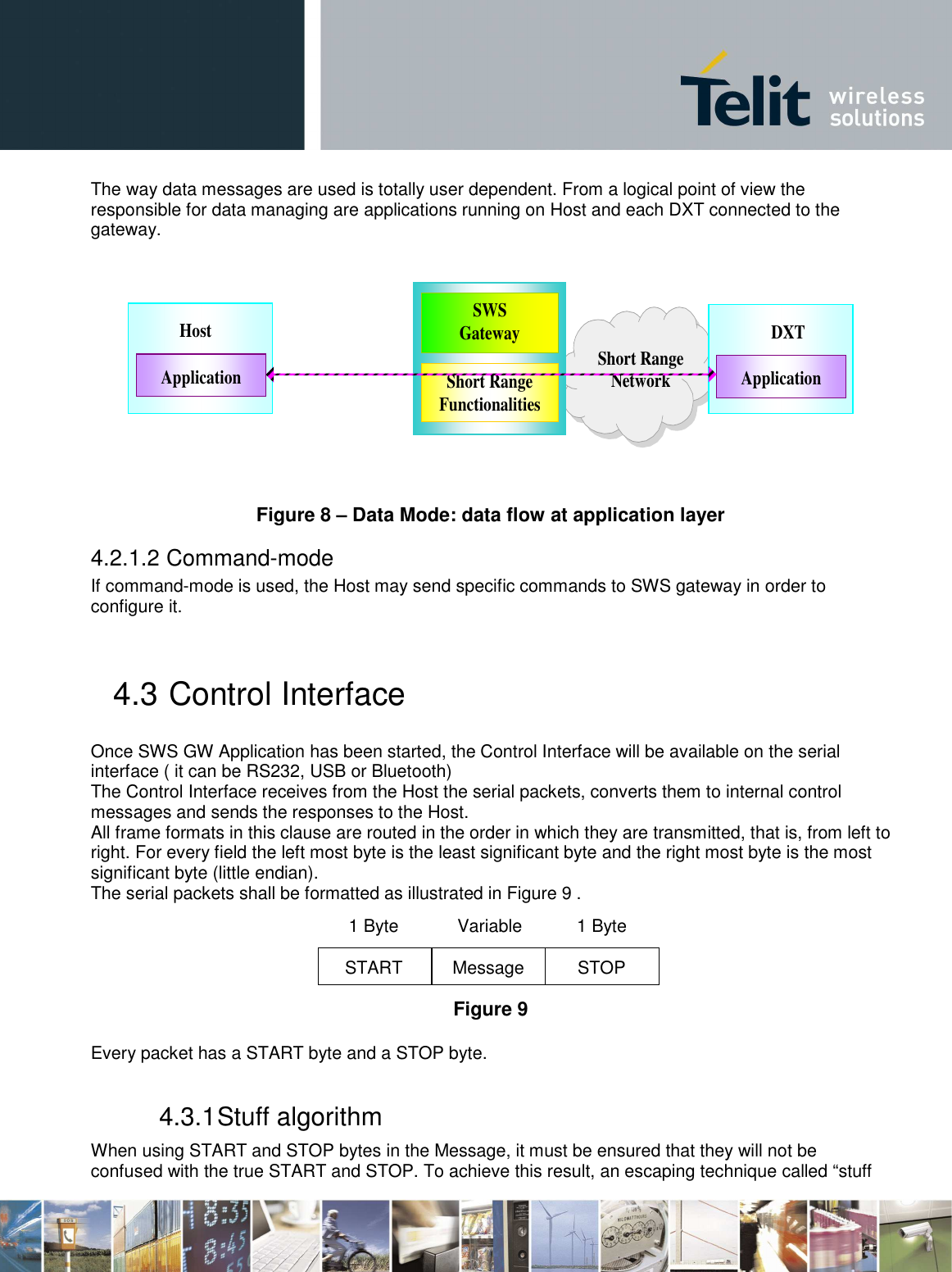       The way data messages are used is totally user dependent. From a logical point of view the responsible for data managing are applications running on Host and each DXT connected to the gateway.               Figure 8 – Data Mode: data flow at application layer 4.2.1.2  Command-mode If command-mode is used, the Host may send specific commands to SWS gateway in order to configure it.  4.3  Control Interface Once SWS GW Application has been started, the Control Interface will be available on the serial interface ( it can be RS232, USB or Bluetooth)  The Control Interface receives from the Host the serial packets, converts them to internal control messages and sends the responses to the Host.  All frame formats in this clause are routed in the order in which they are transmitted, that is, from left to right. For every field the left most byte is the least significant byte and the right most byte is the most significant byte (little endian). The serial packets shall be formatted as illustrated in Figure 9 .    Figure 9   Every packet has a START byte and a STOP byte. 4.3.1 Stuff algorithm When using START and STOP bytes in the Message, it must be ensured that they will not be confused with the true START and STOP. To achieve this result, an escaping technique called “stuff Message  STOP Variable  1 Byte 1 Byte START  Short Range Network SWS Gateway Short Range Functionalities Application DXT Application Host 