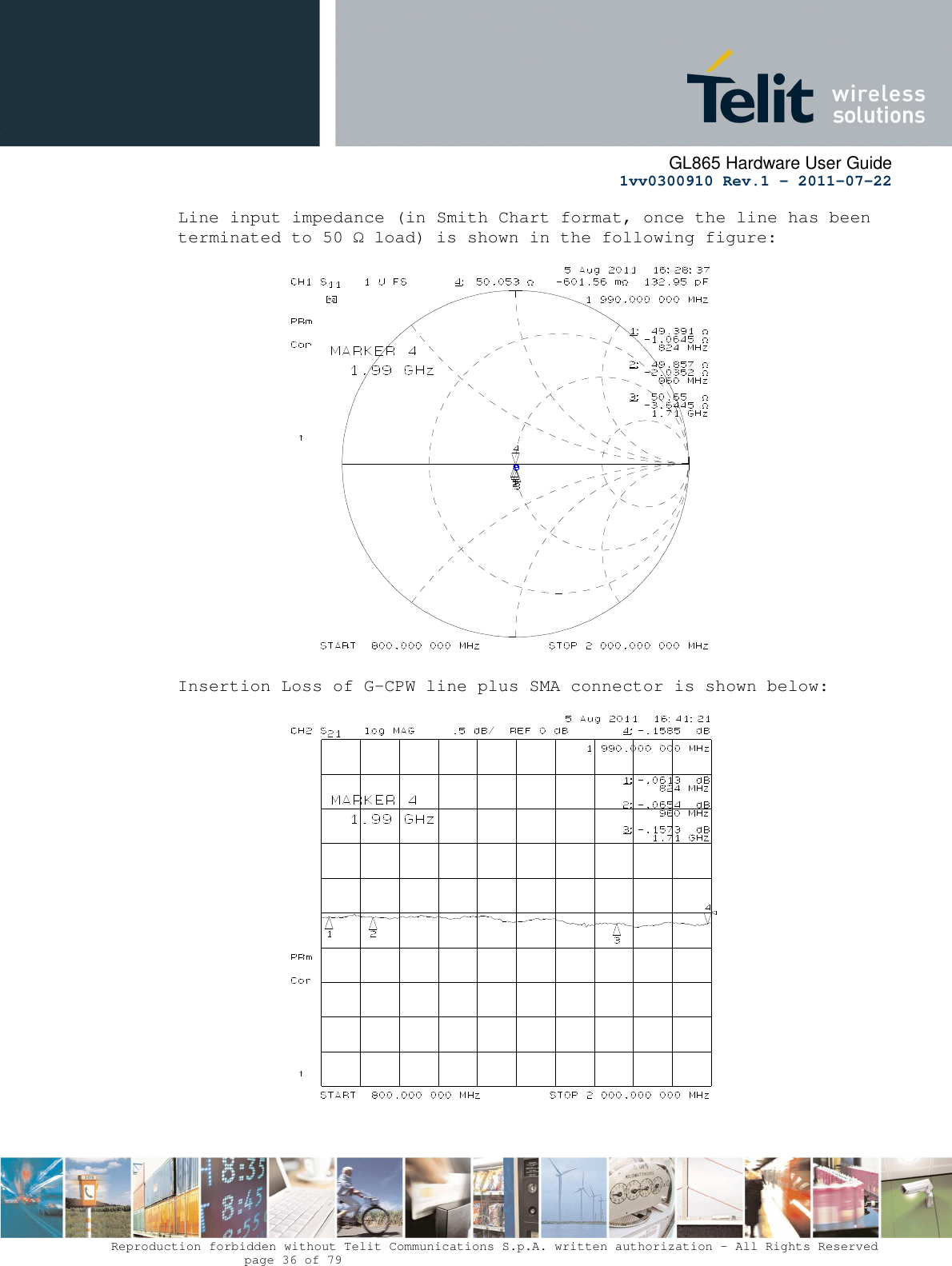      GL865 Hardware User Guide     1vv0300910 Rev.1 – 2011-07-22       Reproduction forbidden without Telit Communications S.p.A. written authorization - All Rights Reserved    page 36 of 79  Line input impedance (in Smith Chart format, once the line has been terminated to 50 Ω load) is shown in the following figure:                       Insertion Loss of G-CPW line plus SMA connector is shown below:                        