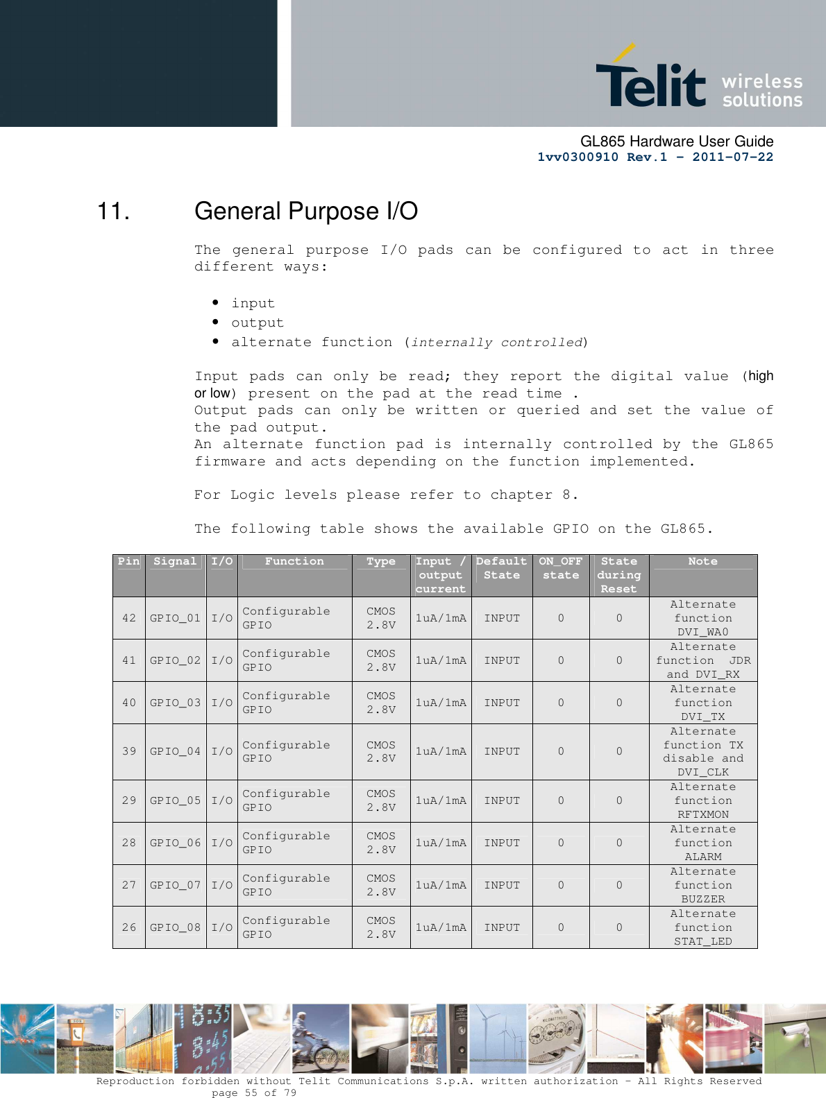      GL865 Hardware User Guide     1vv0300910 Rev.1 – 2011-07-22       Reproduction forbidden without Telit Communications S.p.A. written authorization - All Rights Reserved    page 55 of 79  11.  General Purpose I/O The  general  purpose  I/O  pads  can  be  configured to  act  in  three different ways:  • input • output • alternate function (internally controlled)  Input pads can only be read; they report the digital value (high or low) present on the pad at the read time . Output pads can only be written or queried and set the value of the pad output. An alternate function pad is internally controlled by the GL865 firmware and acts depending on the function implemented.    For Logic levels please refer to chapter 8.  The following table shows the available GPIO on the GL865.  Pin Signal I/O Function Type Input / output current Default State ON_OFF state State during Reset Note 42  GPIO_01 I/O Configurable GPIO CMOS 2.8V  1uA/1mA INPUT  0  0 Alternate function DVI_WA0   41  GPIO_02 I/O Configurable GPIO CMOS 2.8V  1uA/1mA INPUT  0  0 Alternate function  JDR and DVI_RX   40  GPIO_03 I/O Configurable GPIO CMOS 2.8V  1uA/1mA INPUT  0  0 Alternate function  DVI_TX   39  GPIO_04 I/O Configurable GPIO CMOS 2.8V  1uA/1mA INPUT  0  0 Alternate function TX disable and DVI_CLK   29  GPIO_05 I/O Configurable GPIO CMOS 2.8V  1uA/1mA INPUT  0  0 Alternate function RFTXMON 28  GPIO_06 I/O Configurable GPIO CMOS 2.8V  1uA/1mA INPUT  0  0 Alternate function ALARM 27  GPIO_07 I/O Configurable GPIO CMOS 2.8V  1uA/1mA INPUT  0  0 Alternate function BUZZER 26  GPIO_08 I/O Configurable GPIO CMOS 2.8V  1uA/1mA INPUT  0  0 Alternate function  STAT_LED      