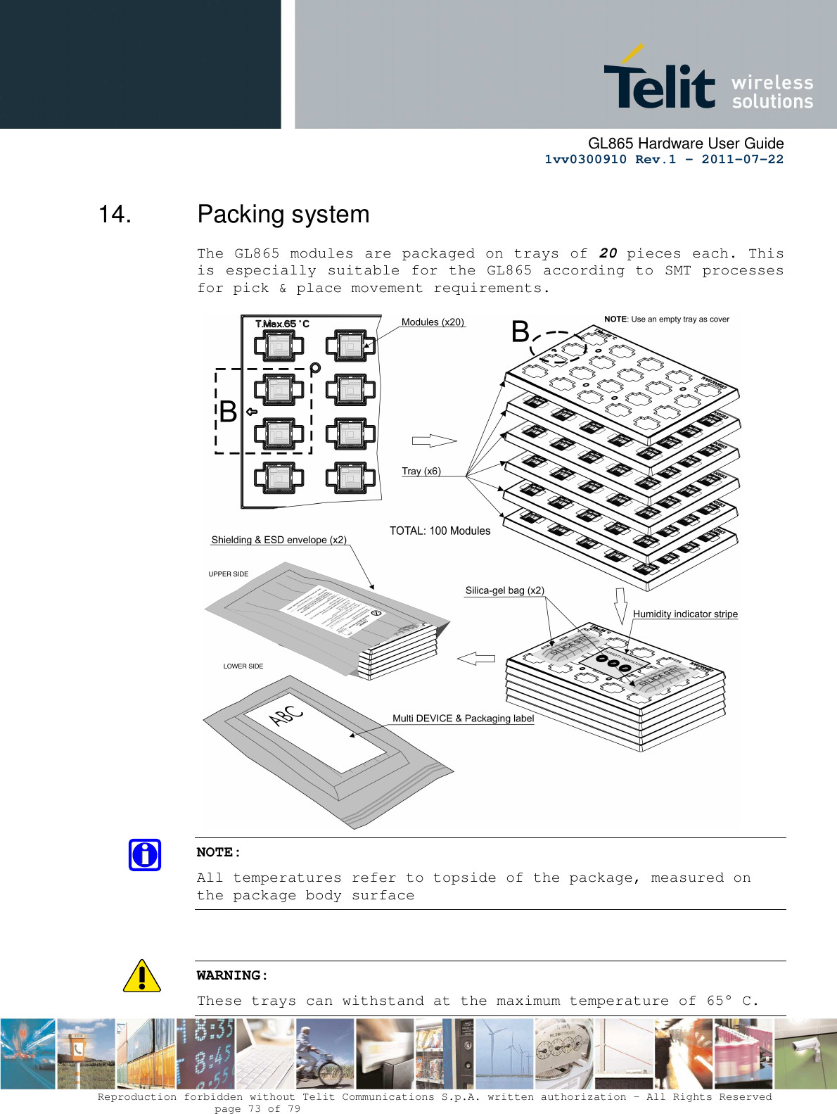      GL865 Hardware User Guide     1vv0300910 Rev.1 – 2011-07-22       Reproduction forbidden without Telit Communications S.p.A. written authorization - All Rights Reserved    page 73 of 79  14.  Packing system  The GL865 modules are packaged on trays of 20 pieces each. This is especially suitable for the GL865 according to SMT processes for pick &amp; place movement requirements.                               NOTE: All temperatures refer to topside of the package, measured on the package body surface    WARNING: These trays can withstand at the maximum temperature of 65° C. 