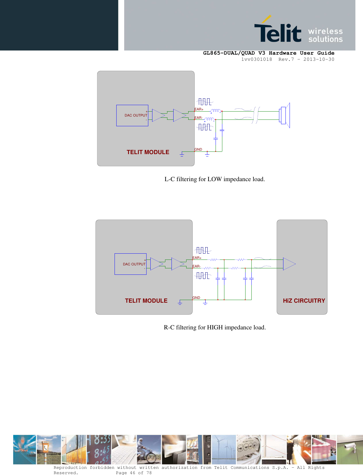      GL865-DUAL/QUAD V3 Hardware User Guide 1vv0301018  Rev.7 – 2013-10-30  Reproduction forbidden without written authorization from Telit Communications S.p.A. - All Rights Reserved.    Page 46 of 78 Mod. 0805 2011-07 Rev.2     L-C filtering for LOW impedance load.        R-C filtering for HIGH impedance load. EAR+EAR-TELIT MODULE-+ OUTPUTDACGNDEAR+ EAR- TELIT MODULE-+OUTPUTDACGND HiZ CIRCUITRY