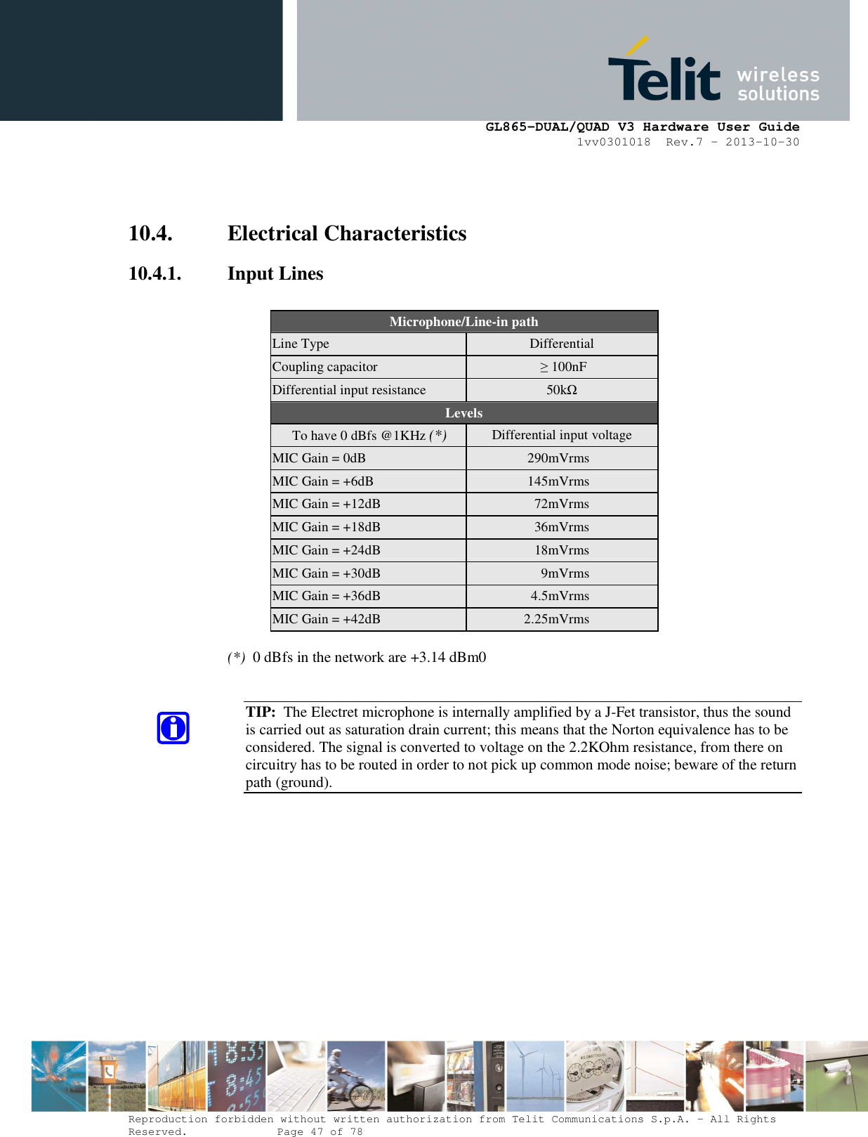     GL865-DUAL/QUAD V3 Hardware User Guide 1vv0301018  Rev.7 – 2013-10-30  Reproduction forbidden without written authorization from Telit Communications S.p.A. - All Rights Reserved.    Page 47 of 78 Mod. 0805 2011-07 Rev.2   10.4. Electrical Characteristics 10.4.1. Input Lines  Microphone/Line-in path Line Type  Differential Coupling capacitor  ≥ 100nF Differential input resistance  50kΩ Levels To have 0 dBfs @1KHz (*) Differential input voltage MIC Gain = 0dB    290mVrms MIC Gain = +6dB    145mVrms MIC Gain = +12dB    72mVrms MIC Gain = +18dB    36mVrms MIC Gain = +24dB    18mVrms MIC Gain = +30dB    9mVrms MIC Gain = +36dB    4.5mVrms MIC Gain = +42dB    2.25mVrms  (*)  0 dBfs in the network are +3.14 dBm0   TIP:  The Electret microphone is internally amplified by a J-Fet transistor, thus the sound is carried out as saturation drain current; this means that the Norton equivalence has to be considered. The signal is converted to voltage on the 2.2KOhm resistance, from there on circuitry has to be routed in order to not pick up common mode noise; beware of the return path (ground).                 