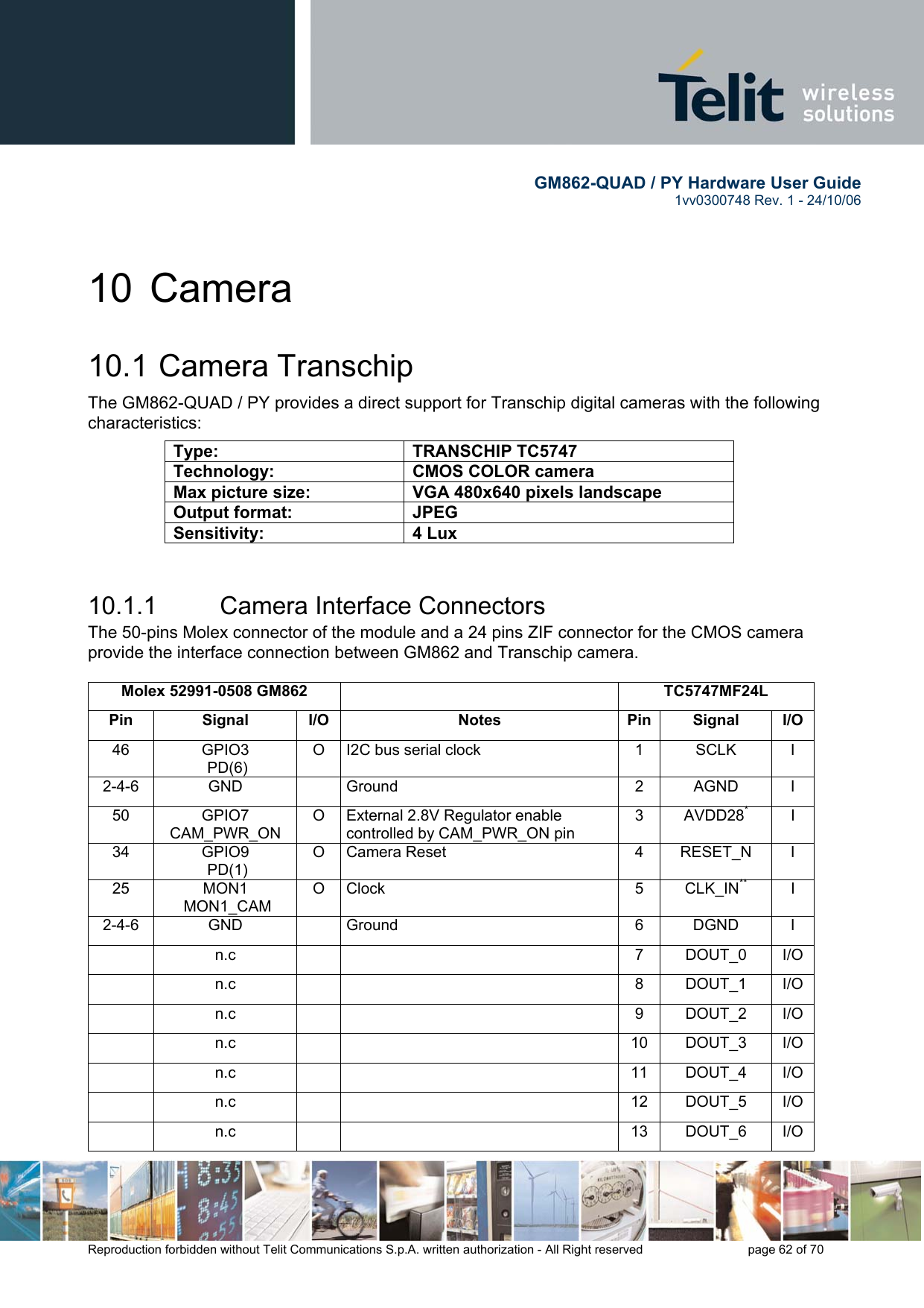        GM862-QUAD / PY Hardware User Guide   1vv0300748 Rev. 1 - 24/10/06    Reproduction forbidden without Telit Communications S.p.A. written authorization - All Right reserved    page 62 of 70  10 Camera 10.1  Camera Transchip The GM862-QUAD / PY provides a direct support for Transchip digital cameras with the following characteristics:  10.1.1  Camera Interface Connectors The 50-pins Molex connector of the module and a 24 pins ZIF connector for the CMOS camera provide the interface connection between GM862 and Transchip camera.  Molex 52991-0508 GM862   TC5747MF24L Pin Signal I/O  Notes  Pin Signal I/O 46 GPIO3  PD(6) O  I2C bus serial clock  1  SCLK  I 2-4-6 GND   Ground  2 AGND I 50 GPIO7 CAM_PWR_ON O  External 2.8V Regulator enable controlled by CAM_PWR_ON pin 3 AVDD28* I 34 GPIO9  PD(1) O Camera Reset  4  RESET_N  I 25 MON1  MON1_CAM O Clock  5  CLK_IN** I 2-4-6 GND   Ground  6 DGND I  n.c    7 DOUT_0 I/O  n.c    8 DOUT_1  I/O  n.c    9 DOUT_2 I/O  n.c    10 DOUT_3 I/O  n.c    11 DOUT_4 I/O  n.c    12 DOUT_5 I/O  n.c    13 DOUT_6 I/O Type: TRANSCHIP TC5747 Technology:  CMOS COLOR camera Max picture size:  VGA 480x640 pixels landscape Output format:  JPEG Sensitivity: 4 Lux 