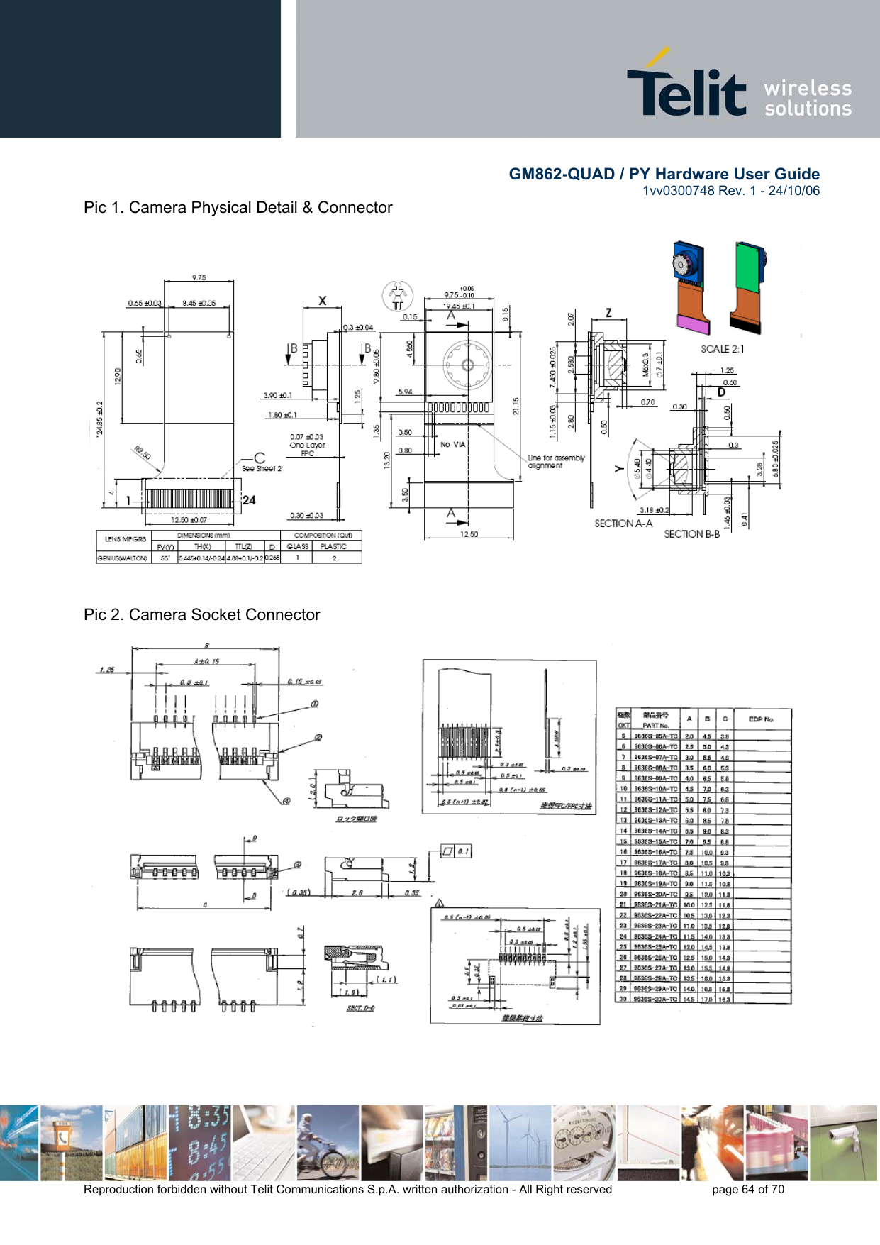        GM862-QUAD / PY Hardware User Guide   1vv0300748 Rev. 1 - 24/10/06    Reproduction forbidden without Telit Communications S.p.A. written authorization - All Right reserved    page 64 of 70  Pic 1. Camera Physical Detail &amp; Connector   Pic 2. Camera Socket Connector  