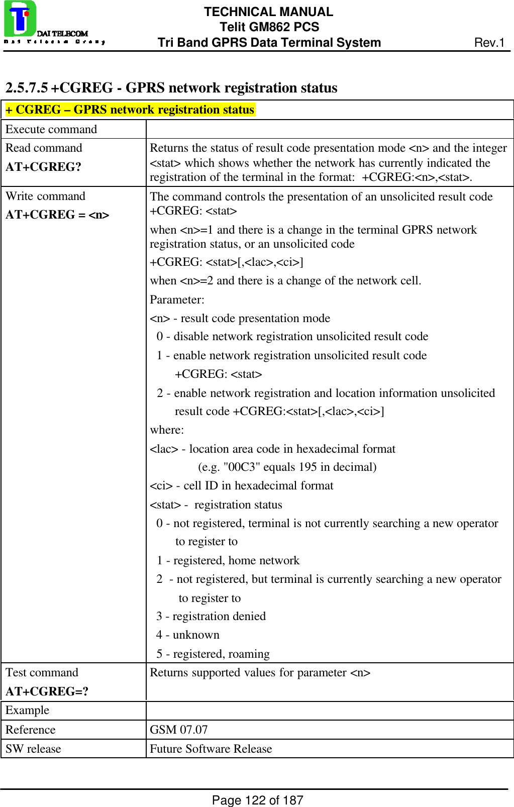 Page 122 of 187TECHNICAL MANUALTelit GM862 PCSTri Band GPRS Data Terminal System Rev.12.5.7.5 +CGREG - GPRS network registration status+ CGREG – GPRS network registration statusExecute commandRead commandAT+CGREG?Returns the status of result code presentation mode &lt;n&gt; and the integer&lt;stat&gt; which shows whether the network has currently indicated theregistration of the terminal in the format:  +CGREG:&lt;n&gt;,&lt;stat&gt;.Write commandAT+CGREG = &lt;n&gt;The command controls the presentation of an unsolicited result code+CGREG: &lt;stat&gt;when &lt;n&gt;=1 and there is a change in the terminal GPRS networkregistration status, or an unsolicited code+CGREG: &lt;stat&gt;[,&lt;lac&gt;,&lt;ci&gt;]when &lt;n&gt;=2 and there is a change of the network cell.Parameter:&lt;n&gt; - result code presentation mode  0 - disable network registration unsolicited result code  1 - enable network registration unsolicited result code        +CGREG: &lt;stat&gt;  2 - enable network registration and location information unsolicited        result code +CGREG:&lt;stat&gt;[,&lt;lac&gt;,&lt;ci&gt;]where:&lt;lac&gt; - location area code in hexadecimal format               (e.g. &quot;00C3&quot; equals 195 in decimal)&lt;ci&gt; - cell ID in hexadecimal format&lt;stat&gt; -  registration status  0 - not registered, terminal is not currently searching a new operator        to register to  1 - registered, home network  2  - not registered, but terminal is currently searching a new operator         to register to  3 - registration denied  4 - unknown  5 - registered, roamingTest commandAT+CGREG=?Returns supported values for parameter &lt;n&gt;ExampleReference GSM 07.07SW release Future Software Release