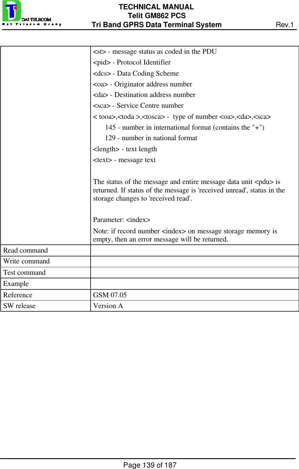 Page 139 of 187TECHNICAL MANUALTelit GM862 PCSTri Band GPRS Data Terminal System Rev.1&lt;st&gt; - message status as coded in the PDU&lt;pid&gt; - Protocol Identifier&lt;dcs&gt; - Data Coding Scheme&lt;oa&gt; - Originator address number&lt;da&gt; - Destination address number&lt;sca&gt; - Service Centre number&lt; tooa&gt;,&lt;toda &gt;,&lt;tosca&gt; -  type of number &lt;oa&gt;,&lt;da&gt;,&lt;sca&gt;      145 - number in international format (contains the &quot;+&quot;)      129 - number in national format&lt;length&gt; - text length&lt;text&gt; - message textThe status of the message and entire message data unit &lt;pdu&gt; isreturned. If status of the message is &apos;received unread&apos;, status in thestorage changes to &apos;received read&apos;.Parameter: &lt;index&gt;Note: if record number &lt;index&gt; on message storage memory isempty, then an error message will be returned.Read commandWrite commandTest commandExampleReference GSM 07.05SW release Version A