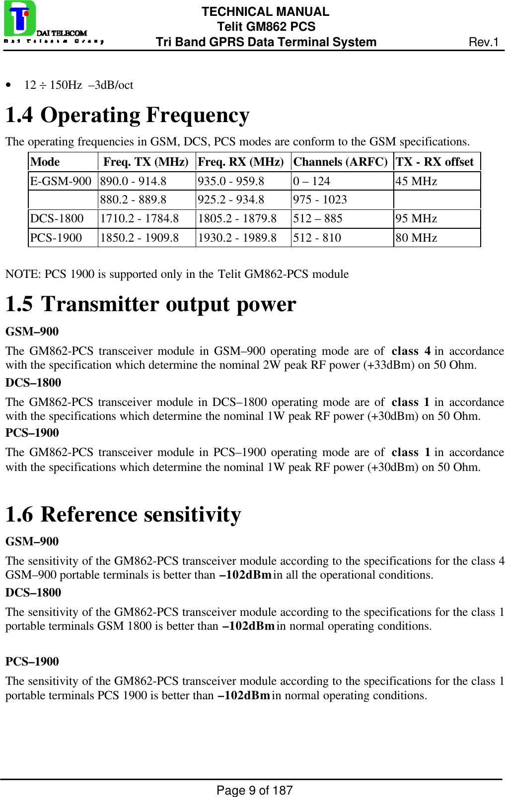 Page 9 of 187TECHNICAL MANUALTelit GM862 PCSTri Band GPRS Data Terminal System Rev.1• 12 ÷ 150Hz  –3dB/oct1.4  Operating FrequencyThe operating frequencies in GSM, DCS, PCS modes are conform to the GSM specifications.Mode  Freq. TX (MHz) Freq. RX (MHz) Channels (ARFC) TX - RX offsetE-GSM-900 890.0 - 914.8 935.0 - 959.8 0 – 124 45 MHz880.2 - 889.8 925.2 - 934.8 975 - 1023DCS-1800 1710.2 - 1784.8 1805.2 - 1879.8 512 – 885 95 MHzPCS-1900 1850.2 - 1909.8 1930.2 - 1989.8 512 - 810 80 MHzNOTE: PCS 1900 is supported only in the Telit GM862-PCS module1.5  Transmitter output powerGSM–900The GM862-PCS transceiver module in GSM–900 operating mode are of  class 4 in accordancewith the specification which determine the nominal 2W peak RF power (+33dBm) on 50 Ohm.DCS–1800The GM862-PCS transceiver module in DCS–1800 operating mode are of  class 1 in accordancewith the specifications which determine the nominal 1W peak RF power (+30dBm) on 50 Ohm.PCS–1900The GM862-PCS transceiver module in PCS–1900 operating mode are of  class 1 in accordancewith the specifications which determine the nominal 1W peak RF power (+30dBm) on 50 Ohm.1.6  Reference sensitivityGSM–900The sensitivity of the GM862-PCS transceiver module according to the specifications for the class 4GSM–900 portable terminals is better than –102dBm in all the operational conditions.DCS–1800The sensitivity of the GM862-PCS transceiver module according to the specifications for the class 1portable terminals GSM 1800 is better than –102dBm in normal operating conditions.PCS–1900The sensitivity of the GM862-PCS transceiver module according to the specifications for the class 1portable terminals PCS 1900 is better than –102dBm in normal operating conditions.