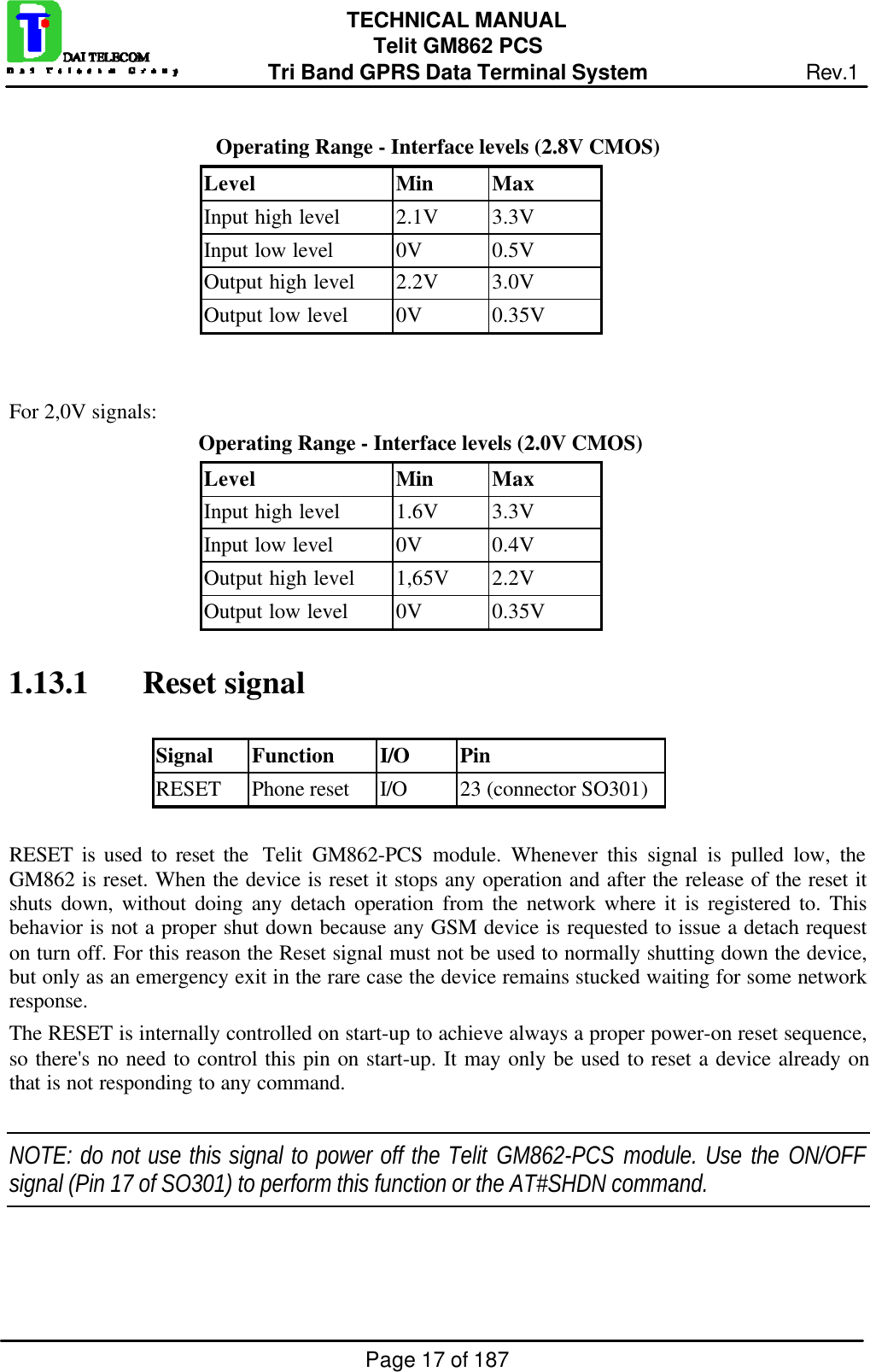 Page 17 of 187TECHNICAL MANUALTelit GM862 PCSTri Band GPRS Data Terminal System Rev.1Operating Range - Interface levels (2.8V CMOS)Level Min MaxInput high level 2.1V 3.3VInput low level 0V 0.5VOutput high level 2.2V 3.0VOutput low level 0V 0.35VFor 2,0V signals:Operating Range - Interface levels (2.0V CMOS)Level Min MaxInput high level 1.6V 3.3VInput low level 0V 0.4VOutput high level 1,65V 2.2VOutput low level 0V 0.35V1.13.1  Reset signalSignal Function I/O PinRESET Phone reset I/O 23 (connector SO301)RESET is used to reset the  Telit GM862-PCS module. Whenever this signal is pulled low, theGM862 is reset. When the device is reset it stops any operation and after the release of the reset itshuts down, without doing any detach operation from the network where it is registered to. Thisbehavior is not a proper shut down because any GSM device is requested to issue a detach requeston turn off. For this reason the Reset signal must not be used to normally shutting down the device,but only as an emergency exit in the rare case the device remains stucked waiting for some networkresponse.The RESET is internally controlled on start-up to achieve always a proper power-on reset sequence,so there&apos;s no need to control this pin on start-up. It may only be used to reset a device already onthat is not responding to any command.NOTE: do not use this signal to power off the Telit GM862-PCS module. Use the ON/OFFsignal (Pin 17 of SO301) to perform this function or the AT#SHDN command.