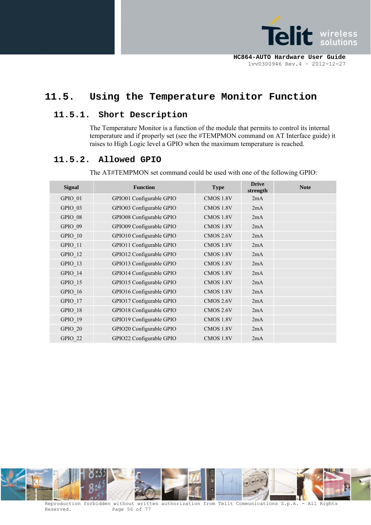     HC864-AUTO Hardware User Guide 1vv0300946 Rev.4 – 2012-12-27 Reproduction forbidden without written authorization from Telit Communications S.p.A. - All Rights Reserved.    Page 56 of 77   11.5. Using the Temperature Monitor Function 11.5.1. Short Description The Temperature Monitor is a function of the module that permits to control its internal temperature and if properly set (see the #TEMPMON command on AT Interface guide) it raises to High Logic level a GPIO when the maximum temperature is reached. 11.5.2. Allowed GPIO The AT#TEMPMON set command could be used with one of the following GPIO: Signal  Function  Type  Drive strength  Note GPIO_01  GPIO01 Configurable GPIO  CMOS 1.8V  2mA   GPIO_03  GPIO03 Configurable GPIO  CMOS 1.8V  2mA   GPIO_08  GPIO08 Configurable GPIO  CMOS 1.8V  2mA   GPIO_09  GPIO09 Configurable GPIO  CMOS 1.8V  2mA   GPIO_10  GPIO10 Configurable GPIO  CMOS 2.6V  2mA   GPIO_11  GPIO11 Configurable GPIO  CMOS 1.8V  2mA   GPIO_12  GPIO12 Configurable GPIO  CMOS 1.8V  2mA   GPIO_13  GPIO13 Configurable GPIO  CMOS 1.8V  2mA   GPIO_14  GPIO14 Configurable GPIO  CMOS 1.8V  2mA   GPIO_15  GPIO15 Configurable GPIO  CMOS 1.8V  2mA   GPIO_16  GPIO16 Configurable GPIO  CMOS 1.8V  2mA   GPIO_17  GPIO17 Configurable GPIO  CMOS 2.6V  2mA   GPIO_18  GPIO18 Configurable GPIO  CMOS 2.6V  2mA   GPIO_19  GPIO19 Configurable GPIO  CMOS 1.8V  2mA   GPIO_20  GPIO20 Configurable GPIO  CMOS 1.8V  2mA   GPIO_22  GPIO22 Configurable GPIO  CMOS 1.8V  2mA    