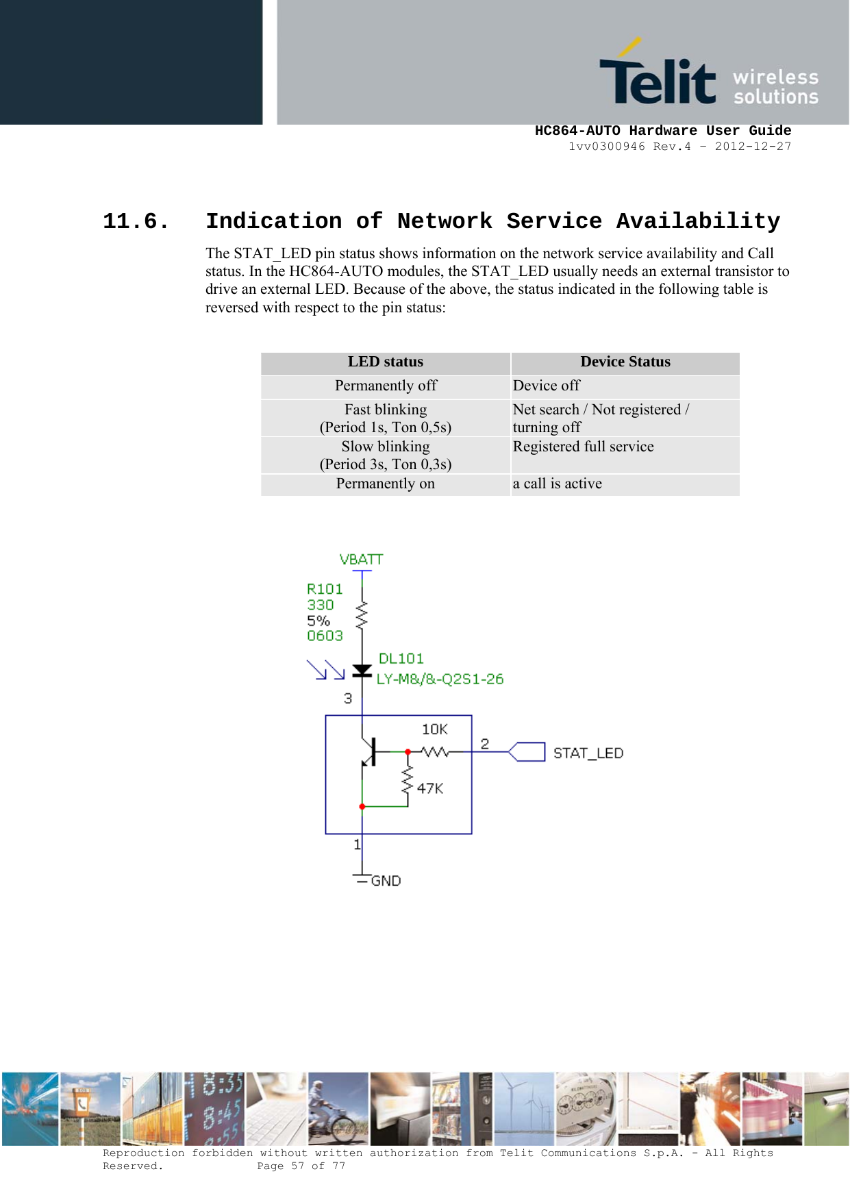     HC864-AUTO Hardware User Guide 1vv0300946 Rev.4 – 2012-12-27 Reproduction forbidden without written authorization from Telit Communications S.p.A. - All Rights Reserved.    Page 57 of 77   11.6. Indication of Network Service Availability The STAT_LED pin status shows information on the network service availability and Call status. In the HC864-AUTO modules, the STAT_LED usually needs an external transistor to drive an external LED. Because of the above, the status indicated in the following table is reversed with respect to the pin status:  LED status  Device Status Permanently off  Device off Fast blinking (Period 1s, Ton 0,5s) Net search / Not registered / turning off Slow blinking (Period 3s, Ton 0,3s) Registered full service Permanently on  a call is active            