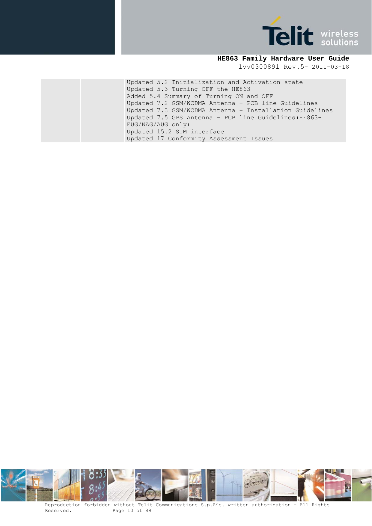     HE863 Family Hardware User Guide 1vv0300891 Rev.5- 2011-03-18    Reproduction forbidden without Telit Communications S.p.A’s. written authorization - All Rights Reserved.    Page 10 of 89  Updated 5.2 Initialization and Activation state Updated 5.3 Turning OFF the HE863 Added 5.4 Summary of Turning ON and OFF Updated 7.2 GSM/WCDMA Antenna – PCB line Guidelines Updated 7.3 GSM/WCDMA Antenna – Installation Guidelines Updated 7.5 GPS Antenna – PCB line Guidelines(HE863-EUG/NAG/AUG only) Updated 15.2 SIM interface  Updated 17 Conformity Assessment Issues                                         