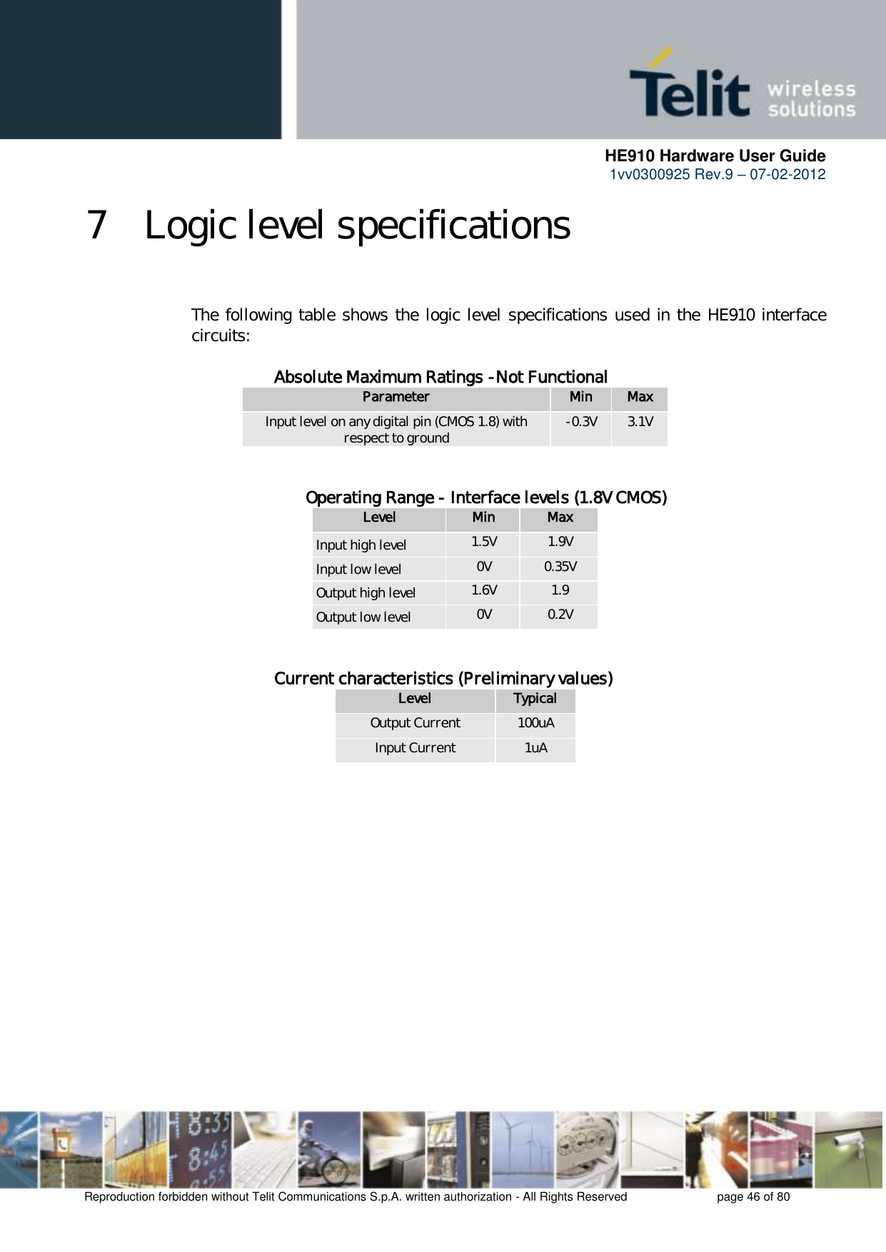      HE910 Hardware User Guide 1vv0300925 Rev.9 – 07-02-2012    Reproduction forbidden without Telit Communications S.p.A. written authorization - All Rights Reserved    page 46 of 80  7 Logic level specifications  The following table shows the logic level specifications used in the  HE910 interface circuits:      Absolute Maximum Ratings -Not Functional Parameter Min Max Input level on any digital pin (CMOS 1.8) with respect to ground -0.3V 3.1V               Operating Range - Interface levels (1.8V CMOS) Level Min Max Input high level 1.5V 1.9V Input low level 0V 0.35V Output high level 1.6V 1.9 Output low level 0V 0.2V       Current characteristics (Preliminary values) Level Typical Output Current 100uA Input Current 1uA 