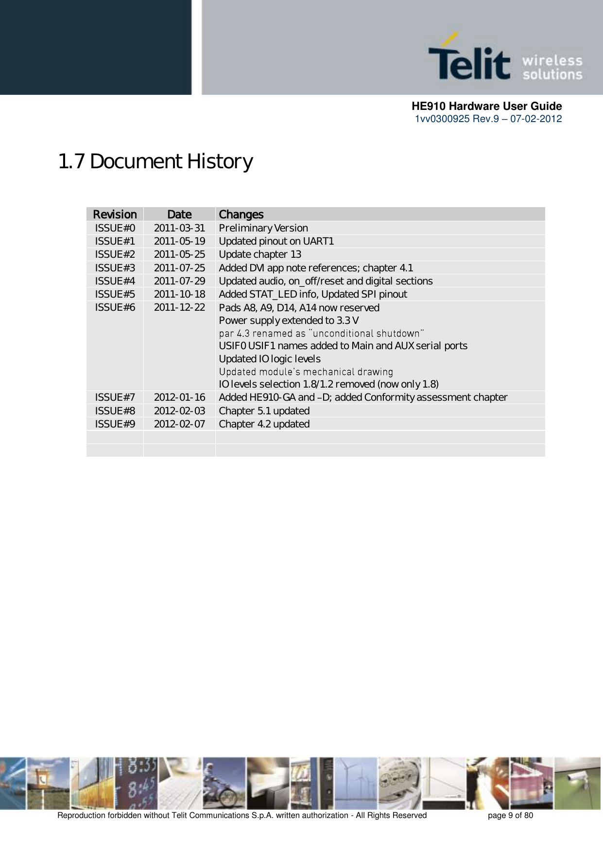      HE910 Hardware User Guide 1vv0300925 Rev.9 – 07-02-2012    Reproduction forbidden without Telit Communications S.p.A. written authorization - All Rights Reserved    page 9 of 80  1.7 Document History  RReevviissiioonn  DDaattee  CChhaannggeess  ISSUE#0 2011-03-31 Preliminary Version ISSUE#1 2011-05-19 Updated pinout on UART1 ISSUE#2 2011-05-25 Update chapter 13 ISSUE#3 2011-07-25 Added DVI app note references; chapter 4.1 ISSUE#4 2011-07-29 Updated audio, on_off/reset and digital sections ISSUE#5 2011-10-18 Added STAT_LED info, Updated SPI pinout ISSUE#6 2011-12-22 - Pads A8, A9, D14, A14 now reserved Power supply extended to 3.3 V -  - USIF0 USIF1 names added to Main and AUX serial ports - Updated IO logic levels -  - IO levels selection 1.8/1.2 removed (now only 1.8) ISSUE#7 2012-01-16 Added HE910-GA and  D; added Conformity assessment chapter ISSUE#8 2012-02-03 Chapter 5.1 updated ISSUE#9 2012-02-07 Chapter 4.2 updated        