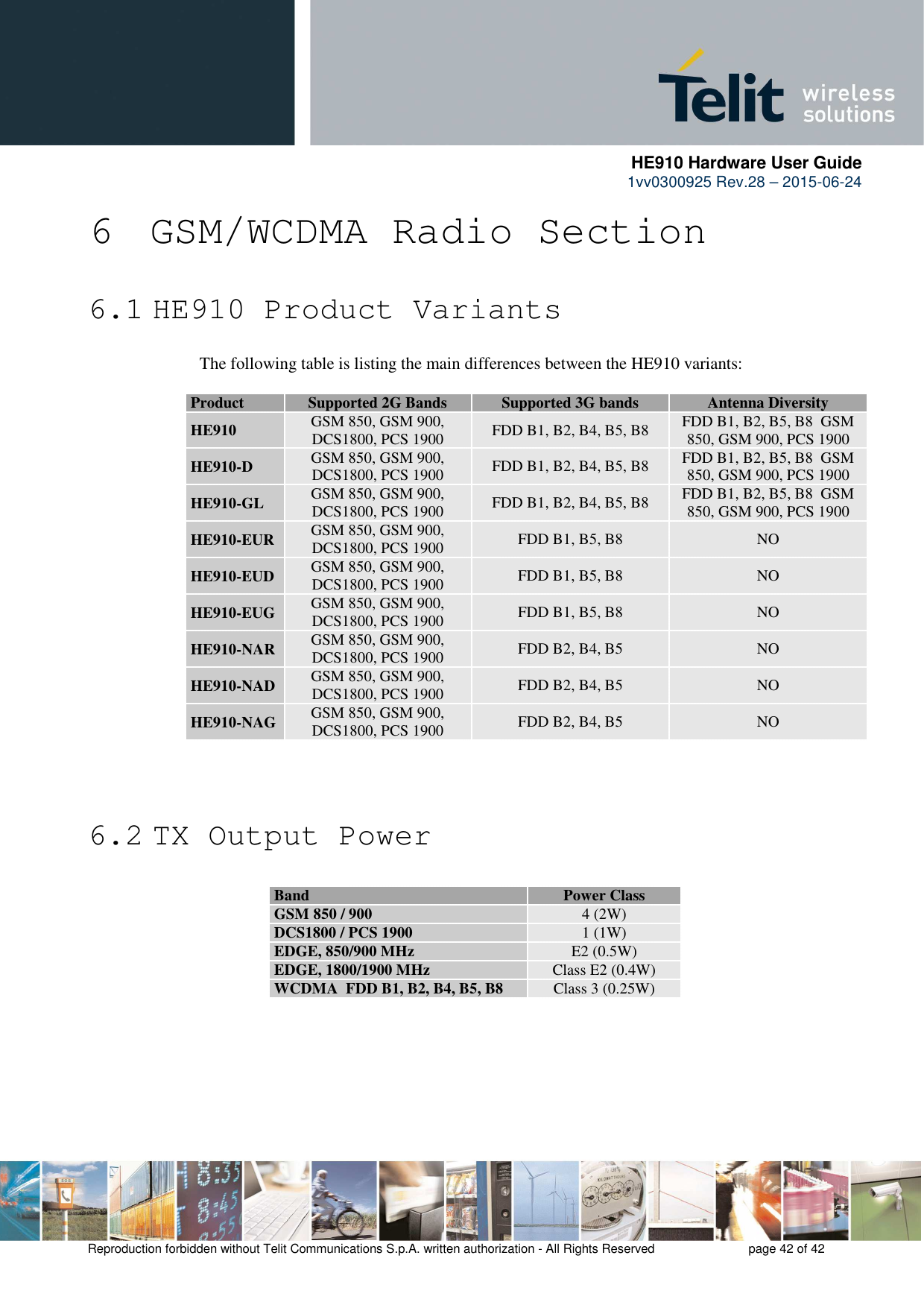      HE910 Hardware User Guide 1vv0300925 Rev.28 – 2015-06-24    Reproduction forbidden without Telit Communications S.p.A. written authorization - All Rights Reserved    page 42 of 42  6 GSM/WCDMA Radio Section 6.1 HE910 Product Variants The following table is listing the main differences between the HE910 variants:  Product  Supported 2G Bands Supported 3G bands Antenna Diversity HE910  GSM 850, GSM 900, DCS1800, PCS 1900  FDD B1, B2, B4, B5, B8  FDD B1, B2, B5, B8  GSM 850, GSM 900, PCS 1900 HE910-D  GSM 850, GSM 900, DCS1800, PCS 1900  FDD B1, B2, B4, B5, B8  FDD B1, B2, B5, B8  GSM 850, GSM 900, PCS 1900 HE910-GL  GSM 850, GSM 900, DCS1800, PCS 1900  FDD B1, B2, B4, B5, B8  FDD B1, B2, B5, B8  GSM 850, GSM 900, PCS 1900 HE910-EUR  GSM 850, GSM 900, DCS1800, PCS 1900  FDD B1, B5, B8  NO HE910-EUD  GSM 850, GSM 900, DCS1800, PCS 1900  FDD B1, B5, B8  NO HE910-EUG  GSM 850, GSM 900, DCS1800, PCS 1900  FDD B1, B5, B8  NO HE910-NAR  GSM 850, GSM 900, DCS1800, PCS 1900  FDD B2, B4, B5  NO HE910-NAD  GSM 850, GSM 900, DCS1800, PCS 1900  FDD B2, B4, B5  NO HE910-NAG  GSM 850, GSM 900, DCS1800, PCS 1900  FDD B2, B4, B5  NO    6.2 TX Output Power              Band  Power Class GSM 850 / 900  4 (2W) DCS1800 / PCS 1900  1 (1W) EDGE, 850/900 MHz  E2 (0.5W) EDGE, 1800/1900 MHz  Class E2 (0.4W) WCDMA  FDD B1, B2, B4, B5, B8  Class 3 (0.25W) 