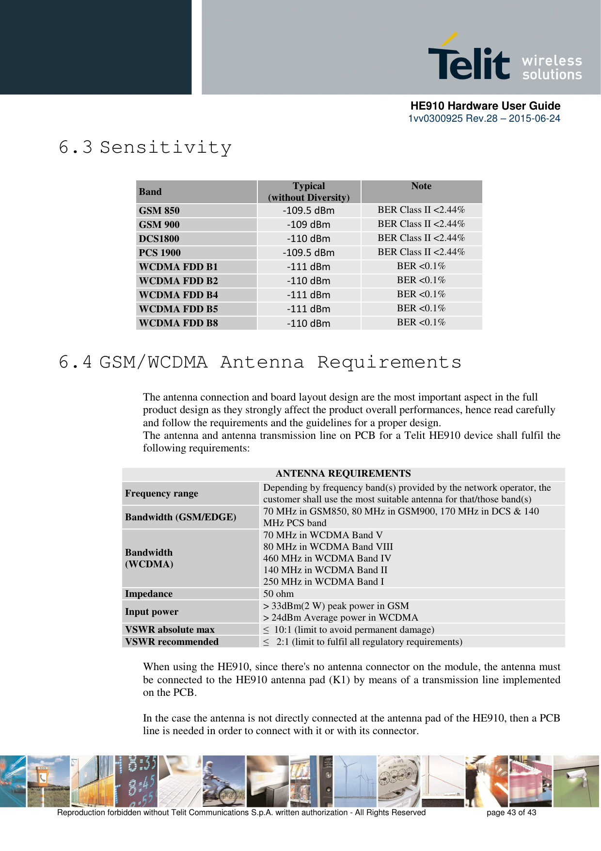      HE910 Hardware User Guide 1vv0300925 Rev.28 – 2015-06-24    Reproduction forbidden without Telit Communications S.p.A. written authorization - All Rights Reserved    page 43 of 43  6.3 Sensitivity              6.4 GSM/WCDMA Antenna Requirements The antenna connection and board layout design are the most important aspect in the full product design as they strongly affect the product overall performances, hence read carefully and follow the requirements and the guidelines for a proper design. The antenna and antenna transmission line on PCB for a Telit HE910 device shall fulfil the following requirements:   ANTENNA REQUIREMENTS Frequency range  Depending by frequency band(s) provided by the network operator, the customer shall use the most suitable antenna for that/those band(s) Bandwidth (GSM/EDGE)  70 MHz in GSM850, 80 MHz in GSM900, 170 MHz in DCS &amp; 140 MHz PCS band Bandwidth  (WCDMA) 70 MHz in WCDMA Band V 80 MHz in WCDMA Band VIII 460 MHz in WCDMA Band IV  140 MHz in WCDMA Band II 250 MHz in WCDMA Band I Impedance  50 ohm Input power  &gt; 33dBm(2 W) peak power in GSM &gt; 24dBm Average power in WCDMA VSWR absolute max  ≤  10:1 (limit to avoid permanent damage) VSWR recommended  ≤   2:1 (limit to fulfil all regulatory requirements)  When using the HE910, since there&apos;s no antenna connector on the module, the antenna must be connected to the HE910 antenna pad (K1) by means of a transmission line implemented on the PCB.  In the case the antenna is not directly connected at the antenna pad of the HE910, then a PCB line is needed in order to connect with it or with its connector.  Band  Typical  (without Diversity) Note GSM 850 -109.5 dBm BER Class II &lt;2.44% GSM 900 -109 dBm BER Class II &lt;2.44% DCS1800 -110 dBm BER Class II &lt;2.44% PCS 1900 -109.5 dBm BER Class II &lt;2.44% WCDMA FDD B1 -111 dBm BER &lt;0.1% WCDMA FDD B2 -110 dBm BER &lt;0.1% WCDMA FDD B4 -111 dBm BER &lt;0.1% WCDMA FDD B5 -111 dBm BER &lt;0.1% WCDMA FDD B8 -110 dBm BER &lt;0.1% 