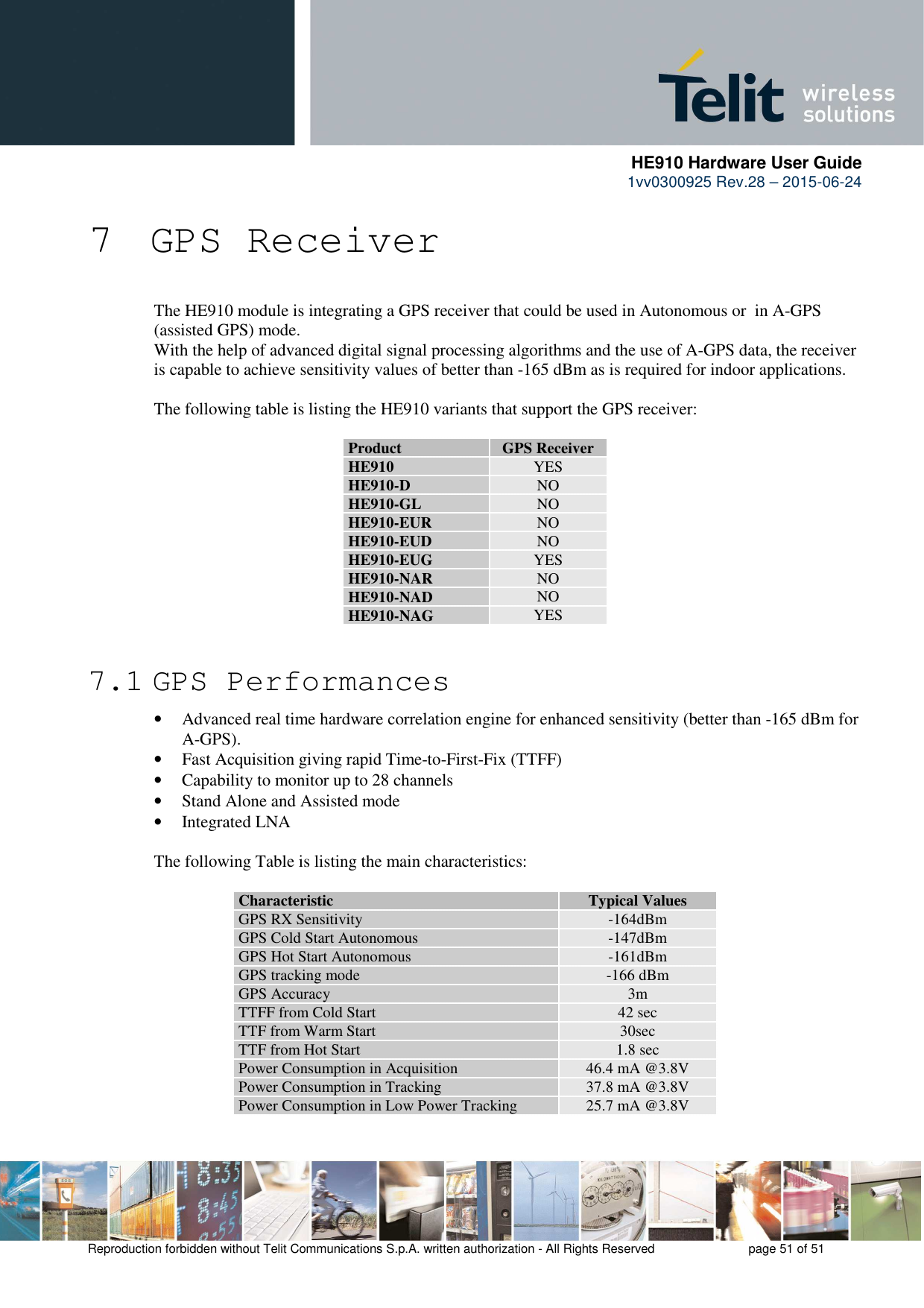      HE910 Hardware User Guide 1vv0300925 Rev.28 – 2015-06-24    Reproduction forbidden without Telit Communications S.p.A. written authorization - All Rights Reserved    page 51 of 51  7 GPS Receiver The HE910 module is integrating a GPS receiver that could be used in Autonomous or  in A-GPS (assisted GPS) mode. With the help of advanced digital signal processing algorithms and the use of A-GPS data, the receiver is capable to achieve sensitivity values of better than -165 dBm as is required for indoor applications.   The following table is listing the HE910 variants that support the GPS receiver:  Product  GPS Receiver HE910  YES HE910-D  NO HE910-GL  NO HE910-EUR  NO HE910-EUD  NO HE910-EUG  YES HE910-NAR  NO HE910-NAD  NO HE910-NAG  YES  7.1 GPS Performances • Advanced real time hardware correlation engine for enhanced sensitivity (better than -165 dBm for A-GPS). • Fast Acquisition giving rapid Time-to-First-Fix (TTFF) • Capability to monitor up to 28 channels • Stand Alone and Assisted mode • Integrated LNA  The following Table is listing the main characteristics:  Characteristic  Typical Values GPS RX Sensitivity  -164dBm GPS Cold Start Autonomous  -147dBm GPS Hot Start Autonomous  -161dBm GPS tracking mode  -166 dBm GPS Accuracy  3m  TTFF from Cold Start  42 sec TTF from Warm Start  30sec TTF from Hot Start  1.8 sec Power Consumption in Acquisition  46.4 mA @3.8V Power Consumption in Tracking  37.8 mA @3.8V Power Consumption in Low Power Tracking  25.7 mA @3.8V  