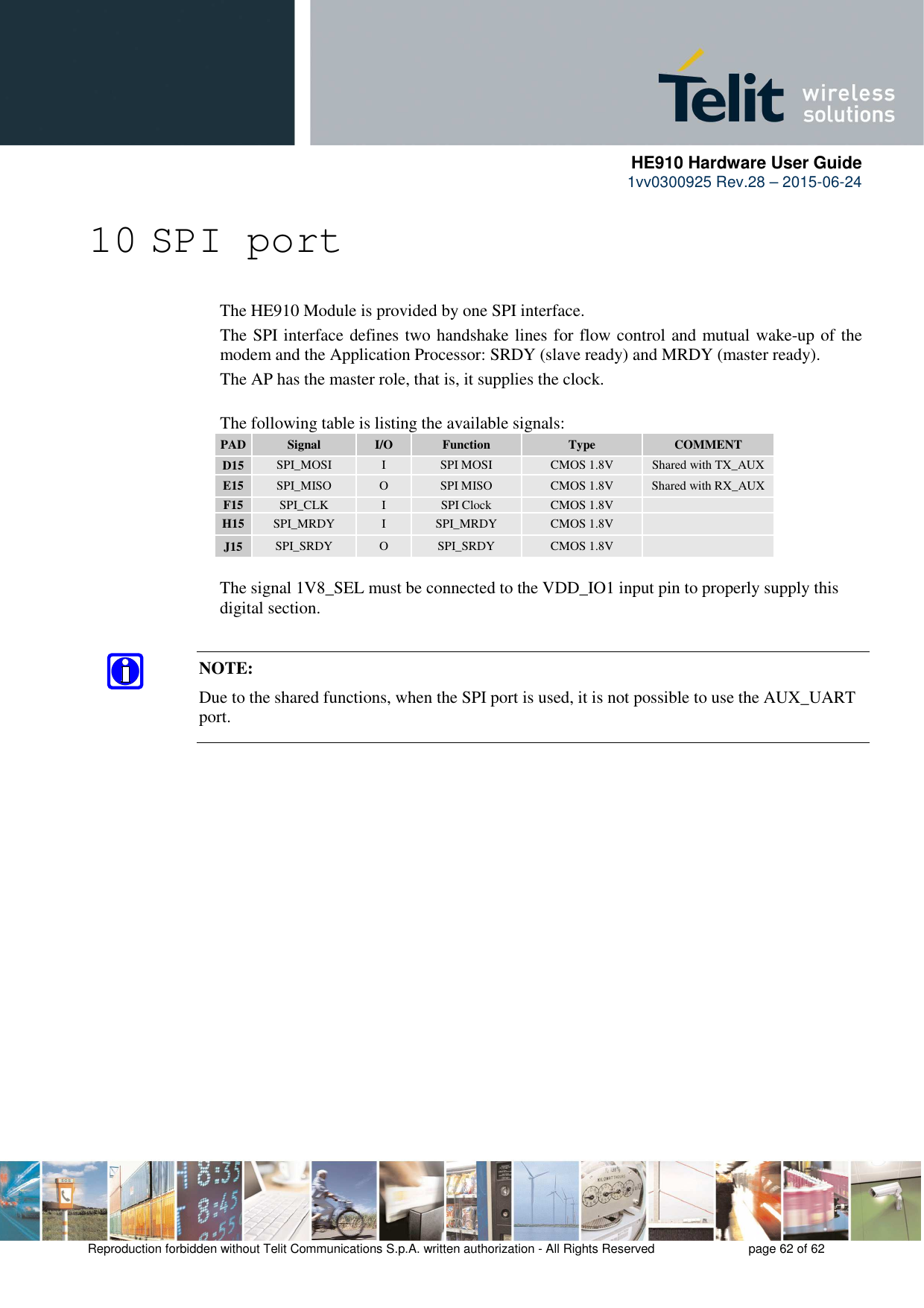      HE910 Hardware User Guide 1vv0300925 Rev.28 – 2015-06-24    Reproduction forbidden without Telit Communications S.p.A. written authorization - All Rights Reserved    page 62 of 62  10 SPI port     The HE910 Module is provided by one SPI interface.       The SPI interface defines two handshake lines for flow control and mutual wake-up of the     modem and the Application Processor: SRDY (slave ready) and MRDY (master ready).     The AP has the master role, that is, it supplies the clock.      The following table is listing the available signals: PAD Signal  I/O  Function  Type  COMMENT D15  SPI_MOSI  I  SPI MOSI  CMOS 1.8V  Shared with TX_AUX E15  SPI_MISO  O  SPI MISO  CMOS 1.8V  Shared with RX_AUX F15  SPI_CLK  I  SPI Clock  CMOS 1.8V   H15  SPI_MRDY  I  SPI_MRDY  CMOS 1.8V   J15  SPI_SRDY  O  SPI_SRDY  CMOS 1.8V      The signal 1V8_SEL must be connected to the VDD_IO1 input pin to properly supply this   digital section.   NOTE:  Due to the shared functions, when the SPI port is used, it is not possible to use the AUX_UART port. 