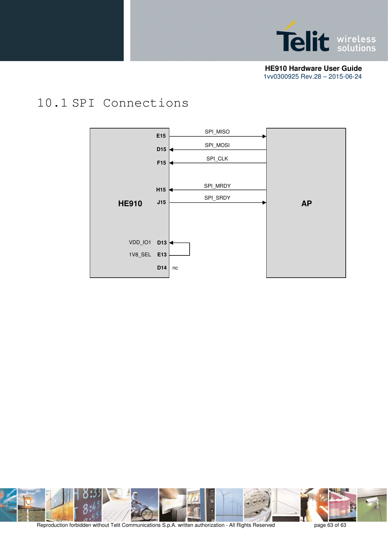      HE910 Hardware User Guide 1vv0300925 Rev.28 – 2015-06-24    Reproduction forbidden without Telit Communications S.p.A. written authorization - All Rights Reserved    page 63 of 63  10.1 SPI Connections                    SPI_MISO E15 D15 F15  H15 J15   D13 E13 D14 HE910            AP SPI_MOSI SPI_CLK SPI_MRDY SPI_SRDY VDD_IO1 1V8_SEL  nc  