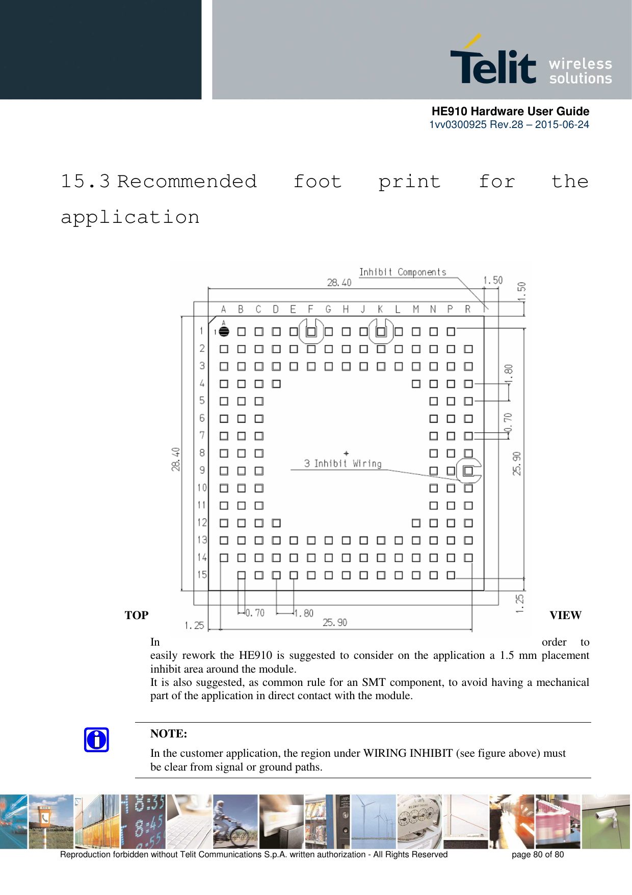      HE910 Hardware User Guide 1vv0300925 Rev.28 – 2015-06-24    Reproduction forbidden without Telit Communications S.p.A. written authorization - All Rights Reserved    page 80 of 80   15.3 Recommended  foot  print  for  the application                          TOP  VIEW  In  order  to easily rework the  HE910  is  suggested to consider on the application a 1.5  mm  placement inhibit area around the module. It is also suggested, as common rule for an SMT component, to avoid having a mechanical part of the application in direct contact with the module.   NOTE:   In the customer application, the region under WIRING INHIBIT (see figure above) must   be clear from signal or ground paths.  