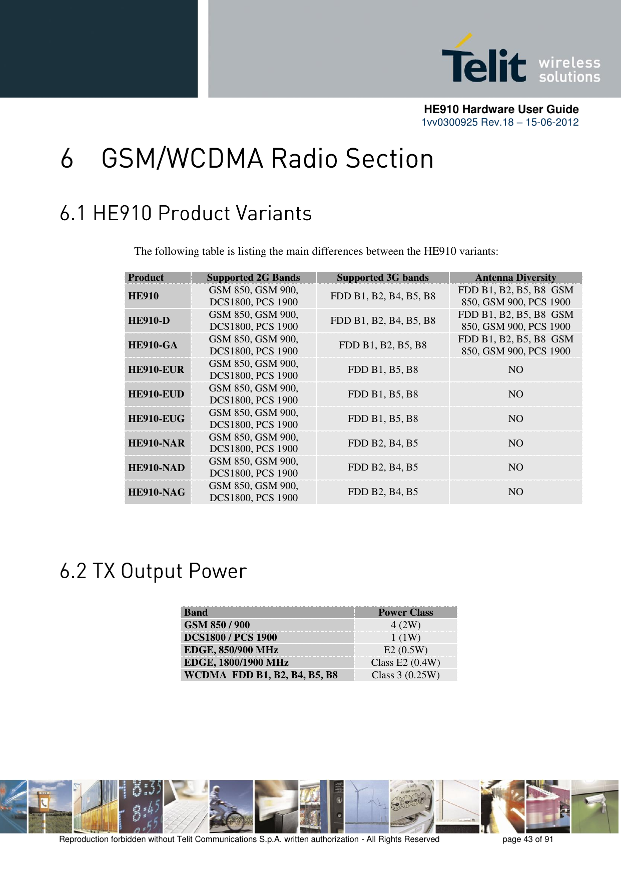      HE910 Hardware User Guide 1vv0300925 Rev.18 – 15-06-2012    Reproduction forbidden without Telit Communications S.p.A. written authorization - All Rights Reserved    page 43 of 91    The following table is listing the main differences between the HE910 variants:  Product Supported 2G Bands Supported 3G bands Antenna Diversity HE910 GSM 850, GSM 900, DCS1800, PCS 1900 FDD B1, B2, B4, B5, B8 FDD B1, B2, B5, B8  GSM 850, GSM 900, PCS 1900 HE910-D GSM 850, GSM 900, DCS1800, PCS 1900 FDD B1, B2, B4, B5, B8 FDD B1, B2, B5, B8  GSM 850, GSM 900, PCS 1900 HE910-GA GSM 850, GSM 900, DCS1800, PCS 1900 FDD B1, B2, B5, B8 FDD B1, B2, B5, B8  GSM 850, GSM 900, PCS 1900 HE910-EUR GSM 850, GSM 900, DCS1800, PCS 1900 FDD B1, B5, B8 NO HE910-EUD GSM 850, GSM 900, DCS1800, PCS 1900 FDD B1, B5, B8 NO HE910-EUG GSM 850, GSM 900, DCS1800, PCS 1900 FDD B1, B5, B8 NO HE910-NAR GSM 850, GSM 900, DCS1800, PCS 1900 FDD B2, B4, B5 NO HE910-NAD GSM 850, GSM 900, DCS1800, PCS 1900 FDD B2, B4, B5 NO HE910-NAG GSM 850, GSM 900, DCS1800, PCS 1900 FDD B2, B4, B5 NO                  Band Power Class GSM 850 / 900 4 (2W) DCS1800 / PCS 1900 1 (1W) EDGE, 850/900 MHz E2 (0.5W) EDGE, 1800/1900 MHz Class E2 (0.4W) WCDMA  FDD B1, B2, B4, B5, B8 Class 3 (0.25W) 