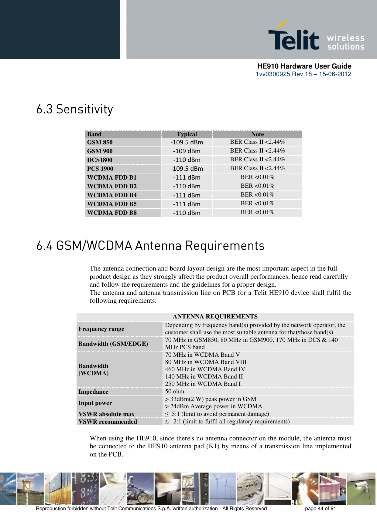      HE910 Hardware User Guide 1vv0300925 Rev.18 – 15-06-2012    Reproduction forbidden without Telit Communications S.p.A. written authorization - All Rights Reserved    page 44 of 91                 The antenna connection and board layout design are the most important aspect in the full product design as they strongly affect the product overall performances, hence read carefully and follow the requirements and the guidelines for a proper design. The antenna and antenna transmission line on PCB for a Telit HE910 device shall fulfil the following requirements:   ANTENNA REQUIREMENTS Frequency range Depending by frequency band(s) provided by the network operator, the customer shall use the most suitable antenna for that/those band(s) Bandwidth (GSM/EDGE) 70 MHz in GSM850, 80 MHz in GSM900, 170 MHz in DCS &amp; 140 MHz PCS band Bandwidth  (WCDMA) 70 MHz in WCDMA Band V 80 MHz in WCDMA Band VIII 460 MHz in WCDMA Band IV  140 MHz in WCDMA Band II 250 MHz in WCDMA Band I Impedance 50 ohm Input power &gt; 33dBm(2 W) peak power in GSM &gt; 24dBm Average power in WCDMA VSWR absolute max ≤  5:1 (limit to avoid permanent damage) VSWR recommended ≤   2:1 (limit to fulfil all regulatory requirements) When using the HE910, since there&apos;s no antenna connector on the module, the antenna must be connected to the HE910 antenna pad (K1) by means of a transmission line implemented on the PCB.  Band Typical Note GSM 850 -109.5 dBm BER Class II &lt;2.44% GSM 900 -109 dBm BER Class II &lt;2.44% DCS1800 -110 dBm BER Class II &lt;2.44% PCS 1900 -109.5 dBm BER Class II &lt;2.44% WCDMA FDD B1 -111 dBm BER &lt;0.01% WCDMA FDD B2 -110 dBm BER &lt;0.01% WCDMA FDD B4 -111 dBm BER &lt;0.01% WCDMA FDD B5 -111 dBm BER &lt;0.01% WCDMA FDD B8 -110 dBm BER &lt;0.01% 