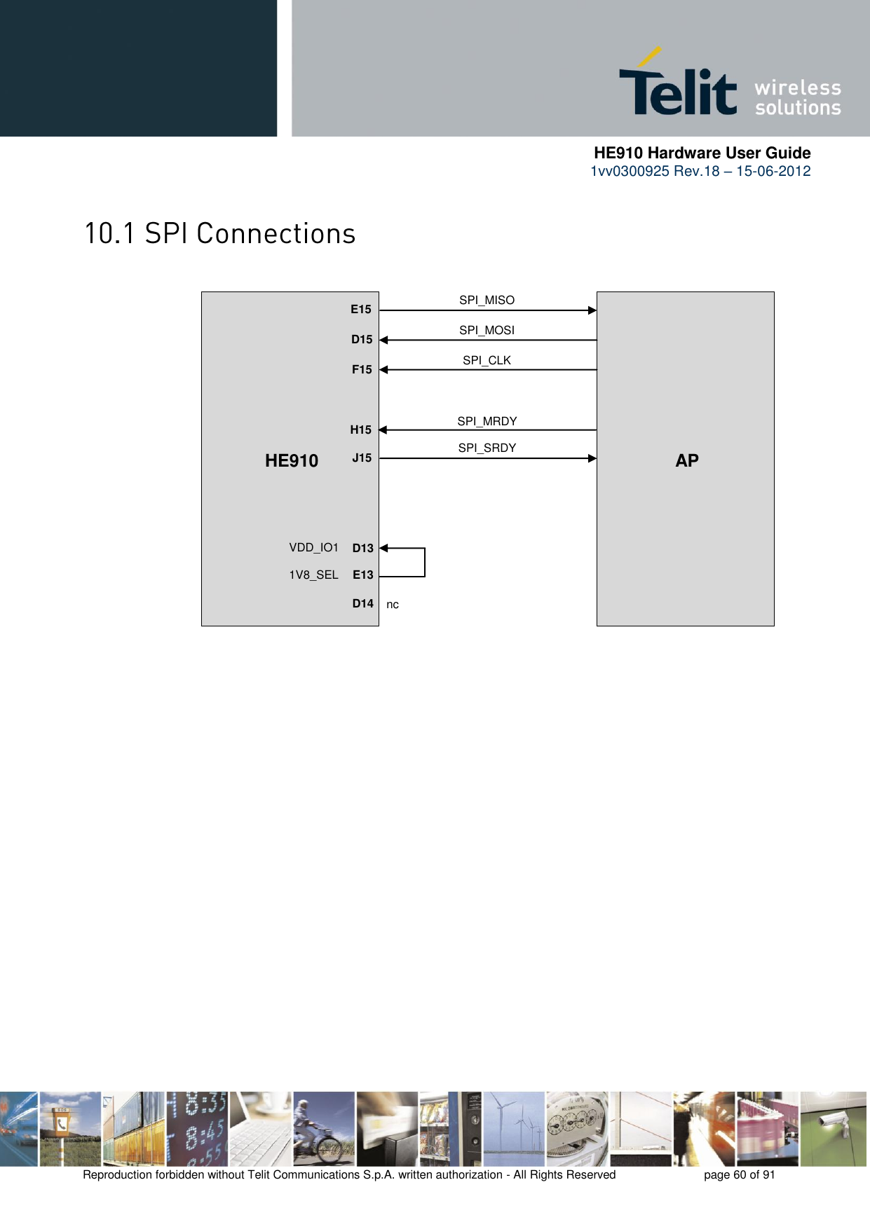      HE910 Hardware User Guide 1vv0300925 Rev.18 – 15-06-2012    Reproduction forbidden without Telit Communications S.p.A. written authorization - All Rights Reserved    page 60 of 91   SPI_MISO E15 D15 F15  H15 J15   D13 E13 D14 HE910            AP SPI_MOSI SPI_CLK SPI_MRDY SPI_SRDY VDD_IO1 1V8_SEL  nc  