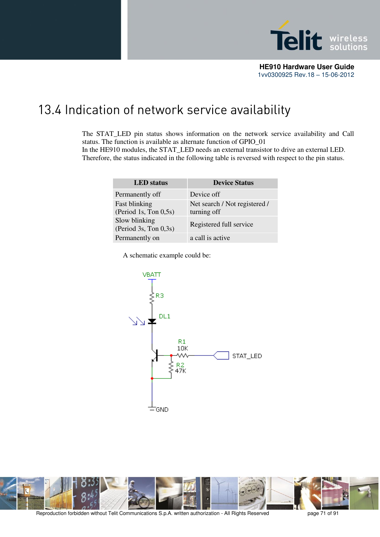      HE910 Hardware User Guide 1vv0300925 Rev.18 – 15-06-2012    Reproduction forbidden without Telit Communications S.p.A. written authorization - All Rights Reserved    page 71 of 91   The  STAT_LED  pin  status  shows  information  on  the  network  service  availability  and  Call status. The function is available as alternate function of GPIO_01 In the HE910 modules, the STAT_LED needs an external transistor to drive an external LED. Therefore, the status indicated in the following table is reversed with respect to the pin status.              LED status Device Status Permanently off Device off Fast blinking (Period 1s, Ton 0,5s) Net search / Not registered / turning off Slow blinking (Period 3s, Ton 0,3s) Registered full service Permanently on a call is active           A schematic example could be: 