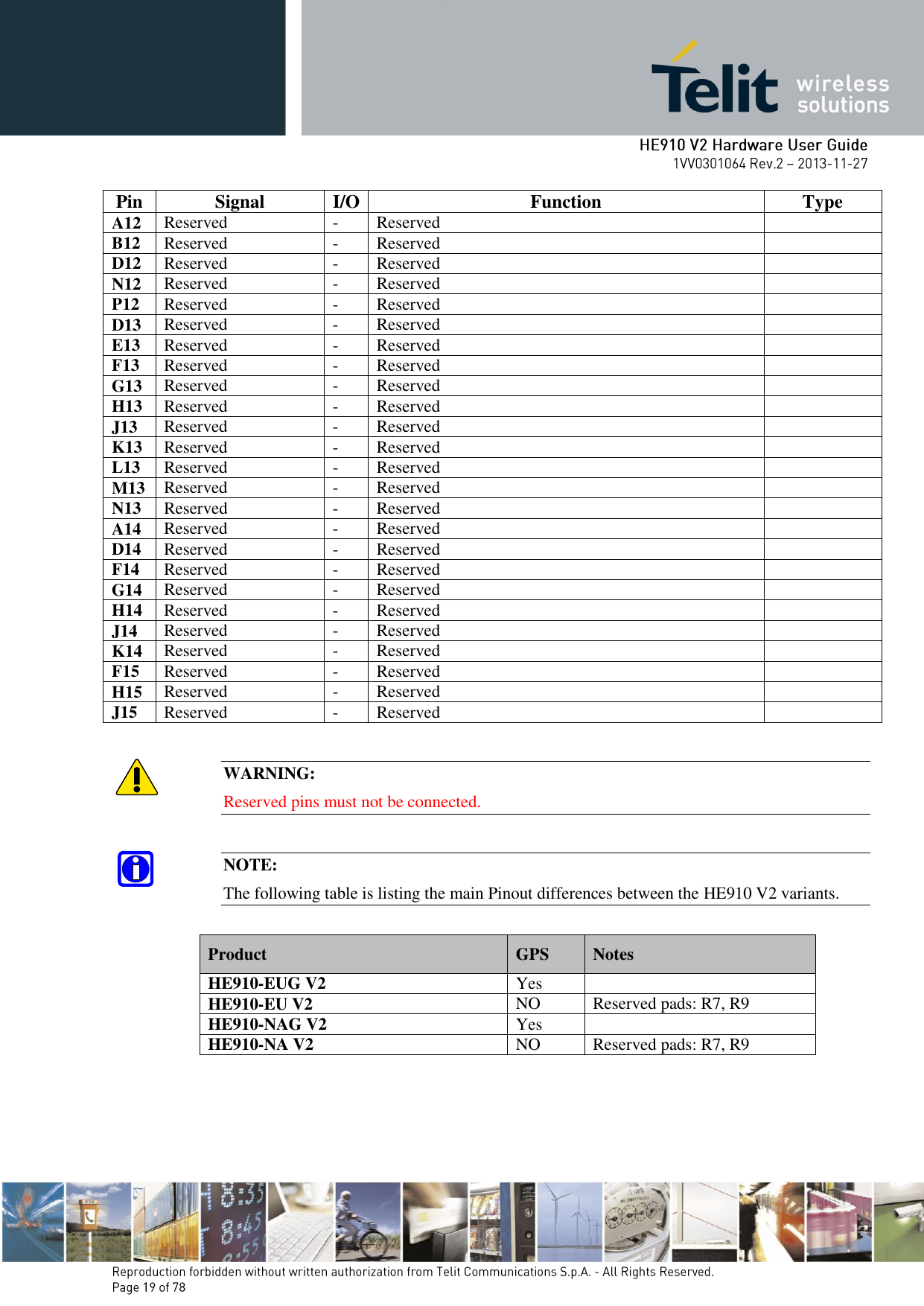       Pin Signal I/O Function Type A12 Reserved - Reserved  B12 Reserved - Reserved  D12 Reserved - Reserved  N12 Reserved - Reserved  P12 Reserved - Reserved  D13 Reserved - Reserved  E13 Reserved - Reserved  F13 Reserved - Reserved  G13 Reserved - Reserved  H13 Reserved - Reserved  J13 Reserved - Reserved  K13 Reserved - Reserved  L13 Reserved - Reserved  M13 Reserved - Reserved  N13 Reserved - Reserved  A14 Reserved - Reserved  D14 Reserved - Reserved  F14 Reserved - Reserved  G14 Reserved - Reserved  H14 Reserved - Reserved  J14 Reserved - Reserved  K14 Reserved - Reserved  F15 Reserved - Reserved  H15 Reserved - Reserved  J15 Reserved - Reserved   WARNING: Reserved pins must not be connected.  NOTE: The following table is listing the main Pinout differences between the HE910 V2 variants.  Product GPS Notes HE910-EUG V2 Yes  HE910-EU V2 NO Reserved pads: R7, R9 HE910-NAG V2 Yes  HE910-NA V2 NO Reserved pads: R7, R9      