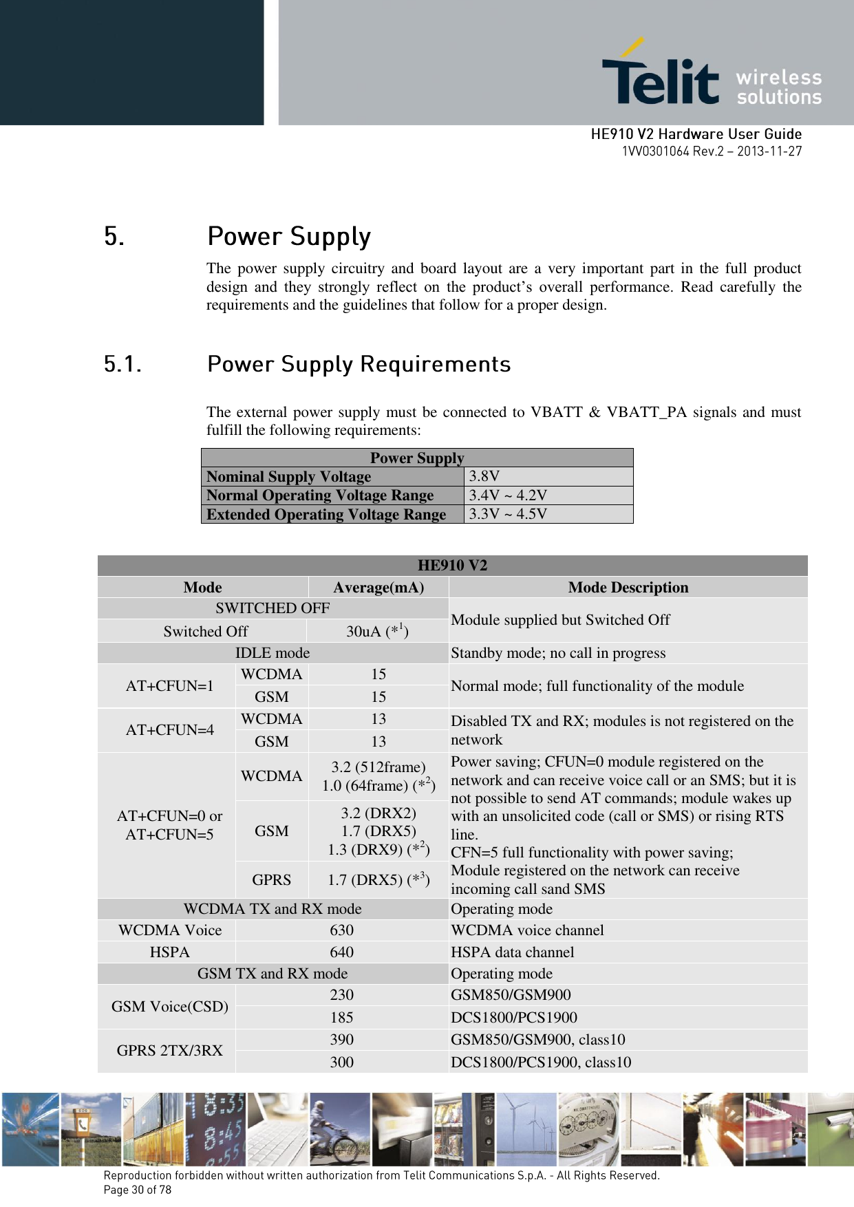        The  power supply circuitry and  board  layout  are  a  very important  part in  the  full  product design  and  they  strongly  reflect  on  the  product’s  overall  performance.  Read  carefully  the requirements and the guidelines that follow for a proper design.  The external power supply must be connected to VBATT &amp; VBATT_PA signals and must fulfill the following requirements: Power Supply Nominal Supply Voltage 3.8V Normal Operating Voltage Range 3.4V ~ 4.2V Extended Operating Voltage Range 3.3V ~ 4.5V  HE910 V2 Mode Average(mA) Mode Description SWITCHED OFF Module supplied but Switched Off Switched Off 30uA (*1) IDLE mode Standby mode; no call in progress AT+CFUN=1 WCDMA 15 Normal mode; full functionality of the module GSM 15 AT+CFUN=4 WCDMA 13 Disabled TX and RX; modules is not registered on the network GSM 13 AT+CFUN=0 or AT+CFUN=5 WCDMA 3.2 (512frame) 1.0 (64frame) (*2) Power saving; CFUN=0 module registered on the network and can receive voice call or an SMS; but it is not possible to send AT commands; module wakes up with an unsolicited code (call or SMS) or rising RTS line. CFN=5 full functionality with power saving; Module registered on the network can receive  incoming call sand SMS GSM 3.2 (DRX2) 1.7 (DRX5) 1.3 (DRX9) (*2) GPRS 1.7 (DRX5) (*3) WCDMA TX and RX mode Operating mode WCDMA Voice 630 WCDMA voice channel HSPA 640 HSPA data channel  GSM TX and RX mode Operating mode GSM Voice(CSD) 230 GSM850/GSM900 185 DCS1800/PCS1900 GPRS 2TX/3RX 390 GSM850/GSM900, class10 300 DCS1800/PCS1900, class10 