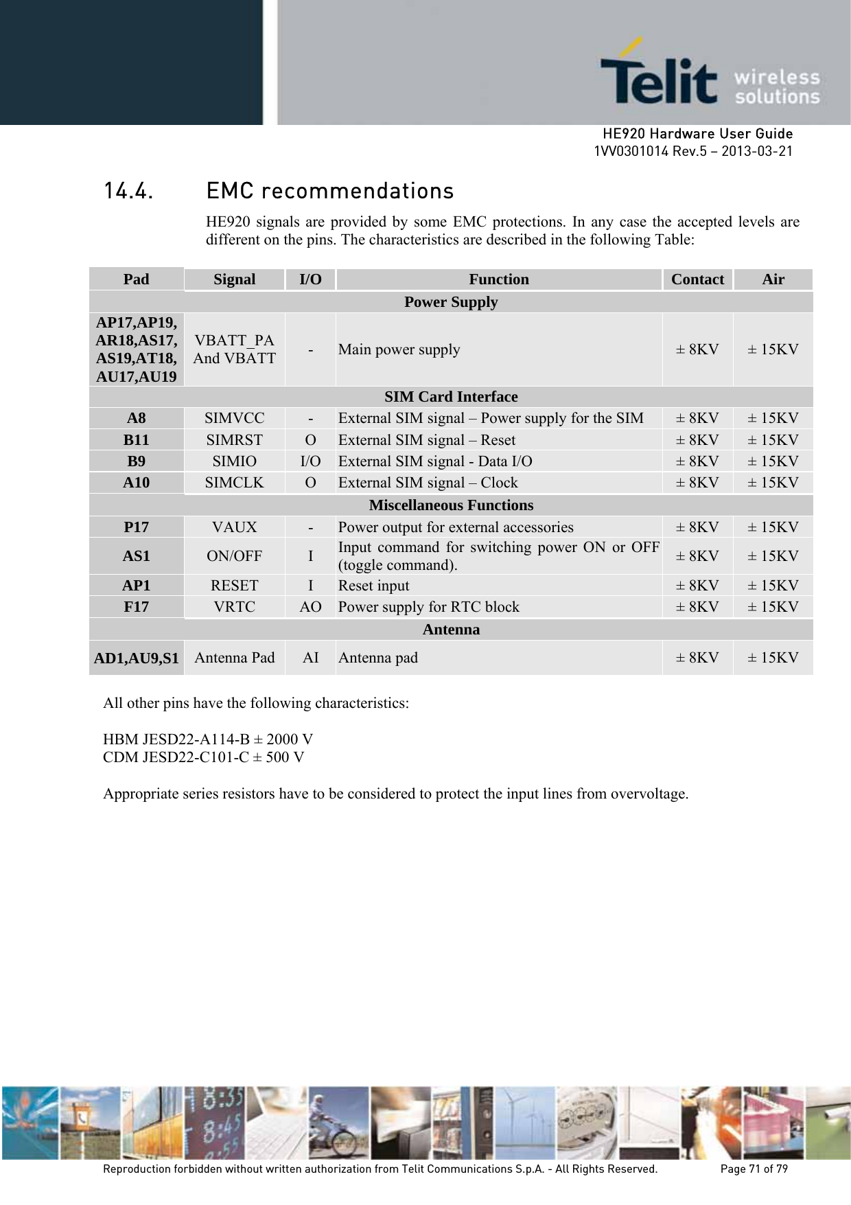     HE920 Hardware User Guide 1VV0301014 Rev.5 – 2013-03-21 Reproduction forbidden without written authorization from Telit Communications S.p.A. - All Rights Reserved.    Page 71 of 79  14.4. EMC recommendations HE920 signals are provided by some EMC protections. In any case the accepted levels are different on the pins. The characteristics are described in the following Table:  Pad  Signal  I/O  Function  Contact Air Power Supply AP17,AP19,AR18,AS17,AS19,AT18,AU17,AU19 VBATT_PA And VBATT  -  Main power supply  ± 8KV  ± 15KV SIM Card Interface A8  SIMVCC  -  External SIM signal – Power supply for the SIM  ± 8KV  ± 15KV B11  SIMRST  O  External SIM signal – Reset  ± 8KV  ± 15KV B9  SIMIO  I/O  External SIM signal - Data I/O  ± 8KV  ± 15KV A10  SIMCLK  O  External SIM signal – Clock  ± 8KV  ± 15KV Miscellaneous Functions P17  VAUX  -  Power output for external accessories  ± 8KV  ± 15KV AS1  ON/OFF  I  Input command for switching power ON or OFF (toggle command).   ± 8KV  ± 15KV AP1  RESET  I  Reset input  ± 8KV  ± 15KV F17  VRTC  AO  Power supply for RTC block  ± 8KV  ± 15KV Antenna AD1,AU9,S1  Antenna Pad  AI  Antenna pad  ± 8KV  ± 15KV  All other pins have the following characteristics:  HBM JESD22-A114-B ± 2000 V CDM JESD22-C101-C ± 500 V  Appropriate series resistors have to be considered to protect the input lines from overvoltage. 