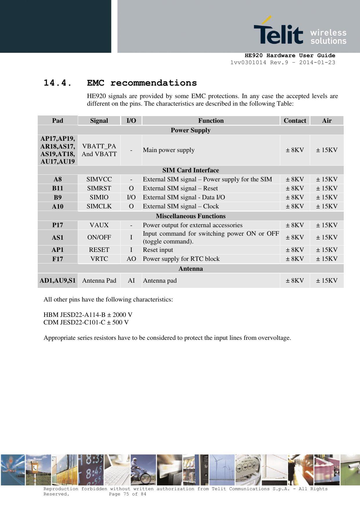     HE920 Hardware User Guide 1vv0301014 Rev.9 – 2014-01-23 Reproduction forbidden without written authorization from Telit Communications S.p.A. - All Rights Reserved.    Page 75 of 84  14.4. EMC recommendations HE920 signals are provided by some EMC protections. In any case the accepted levels are different on the pins. The characteristics are described in the following Table:  Pad Signal I/O Function Contact Air Power Supply AP17,AP19,AR18,AS17,AS19,AT18,AU17,AU19 VBATT_PA And VBATT - Main power supply ± 8KV ± 15KV SIM Card Interface A8 SIMVCC - External SIM signal – Power supply for the SIM ± 8KV ± 15KV B11 SIMRST O External SIM signal – Reset ± 8KV ± 15KV B9 SIMIO I/O External SIM signal - Data I/O ± 8KV ± 15KV A10 SIMCLK O External SIM signal – Clock ± 8KV ± 15KV Miscellaneous Functions P17 VAUX - Power output for external accessories ± 8KV ± 15KV AS1 ON/OFF I Input command for switching power ON or  OFF (toggle command).  ± 8KV ± 15KV AP1 RESET I Reset input ± 8KV ± 15KV F17 VRTC AO Power supply for RTC block ± 8KV ± 15KV Antenna AD1,AU9,S1 Antenna Pad AI Antenna pad ± 8KV ± 15KV  All other pins have the following characteristics:  HBM JESD22-A114-B ± 2000 V CDM JESD22-C101-C ± 500 V  Appropriate series resistors have to be considered to protect the input lines from overvoltage. 