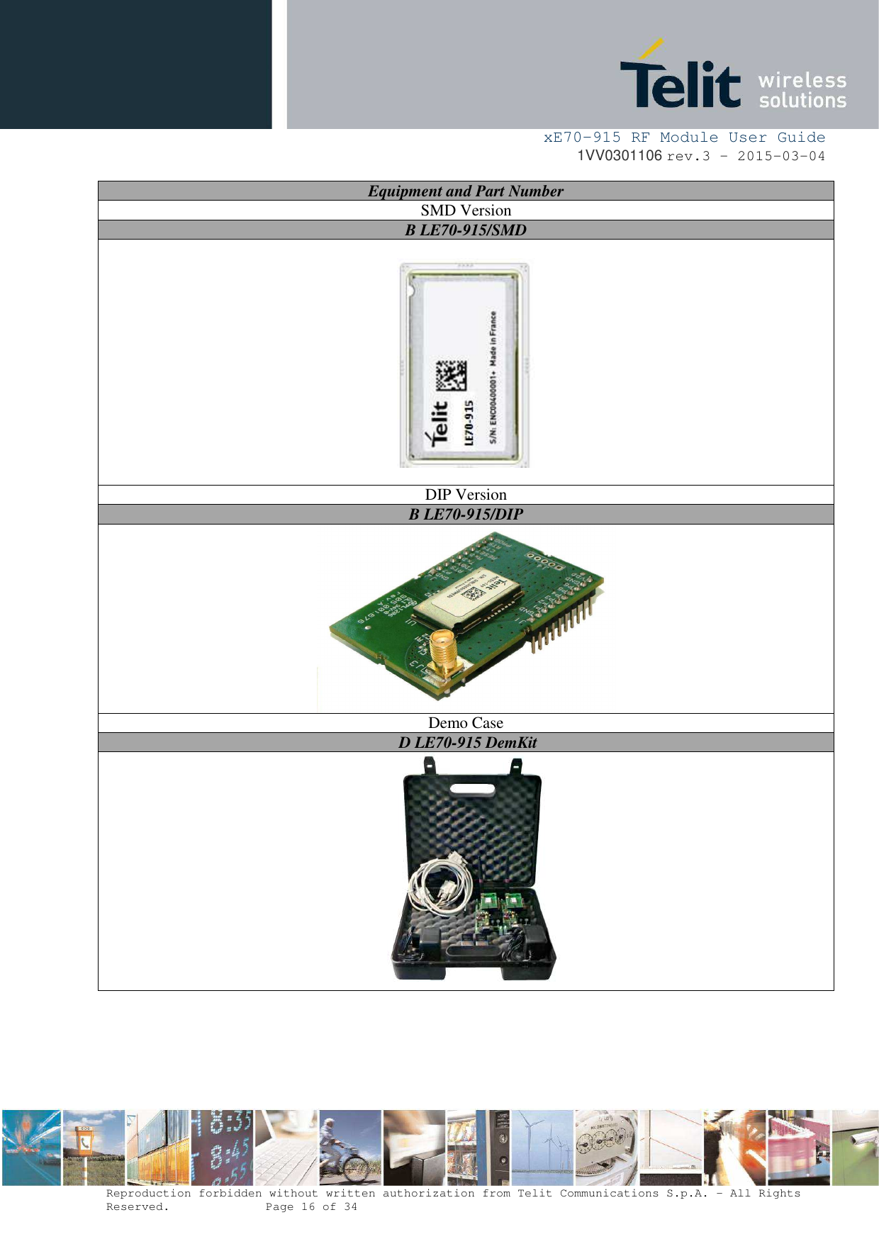     xE70-915 RF Module User Guide 1VV0301106 rev.3 – 2015-03-04  Reproduction forbidden without written authorization from Telit Communications S.p.A. - All Rights Reserved.    Page 16 of 34  Equipment and Part Number SMD Version B LE70-915/SMD    DIP Version B LE70-915/DIP  Demo Case  D LE70-915 DemKit  