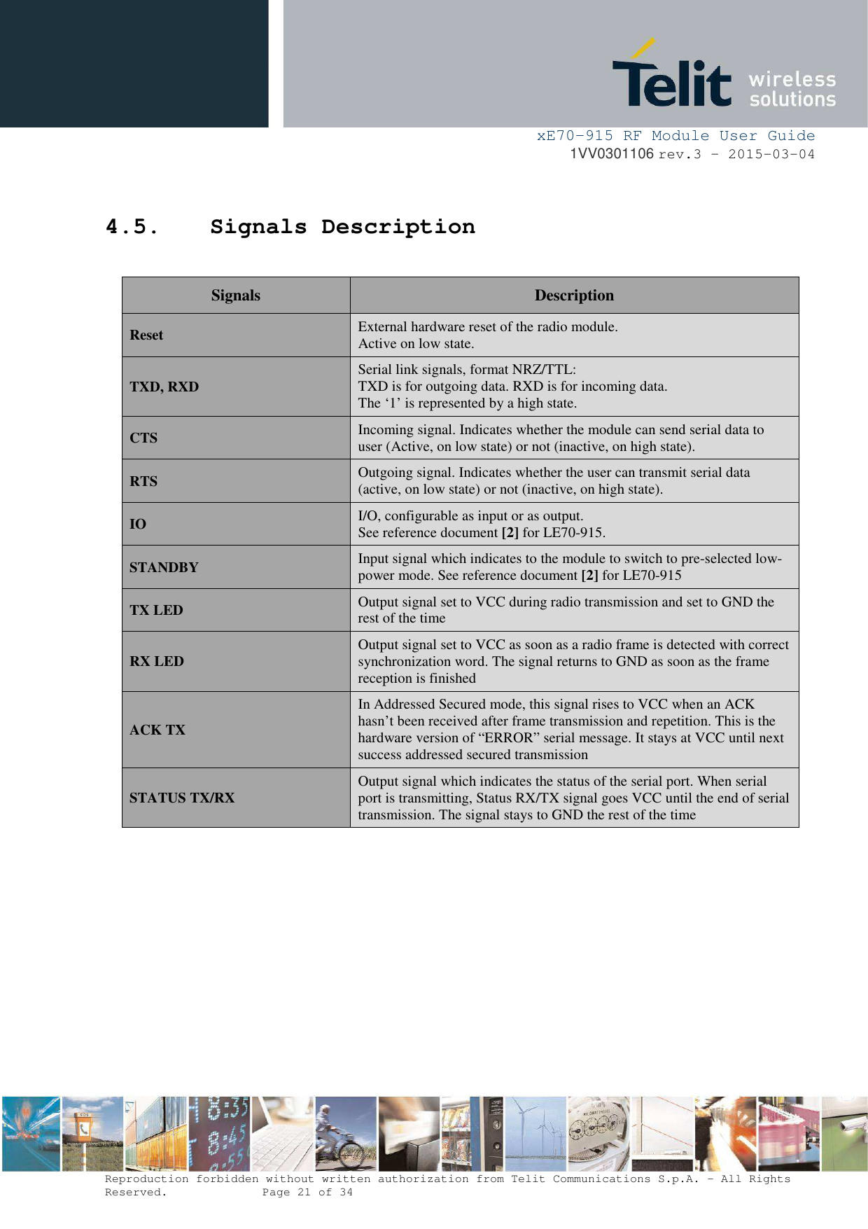     xE70-915 RF Module User Guide 1VV0301106 rev.3 – 2015-03-04  Reproduction forbidden without written authorization from Telit Communications S.p.A. - All Rights Reserved.    Page 21 of 34   4.5. Signals Description  Signals  Description Reset  External hardware reset of the radio module. Active on low state. TXD, RXD  Serial link signals, format NRZ/TTL:  TXD is for outgoing data. RXD is for incoming data. The ‘1’ is represented by a high state. CTS  Incoming signal. Indicates whether the module can send serial data to user (Active, on low state) or not (inactive, on high state). RTS  Outgoing signal. Indicates whether the user can transmit serial data (active, on low state) or not (inactive, on high state). IO  I/O, configurable as input or as output. See reference document [2] for LE70-915. STANDBY  Input signal which indicates to the module to switch to pre-selected low-power mode. See reference document [2] for LE70-915 TX LED Output signal set to VCC during radio transmission and set to GND the rest of the time RX LED Output signal set to VCC as soon as a radio frame is detected with correct synchronization word. The signal returns to GND as soon as the frame reception is finished ACK TX In Addressed Secured mode, this signal rises to VCC when an ACK hasn’t been received after frame transmission and repetition. This is the hardware version of “ERROR” serial message. It stays at VCC until next success addressed secured transmission STATUS TX/RX Output signal which indicates the status of the serial port. When serial port is transmitting, Status RX/TX signal goes VCC until the end of serial transmission. The signal stays to GND the rest of the time  