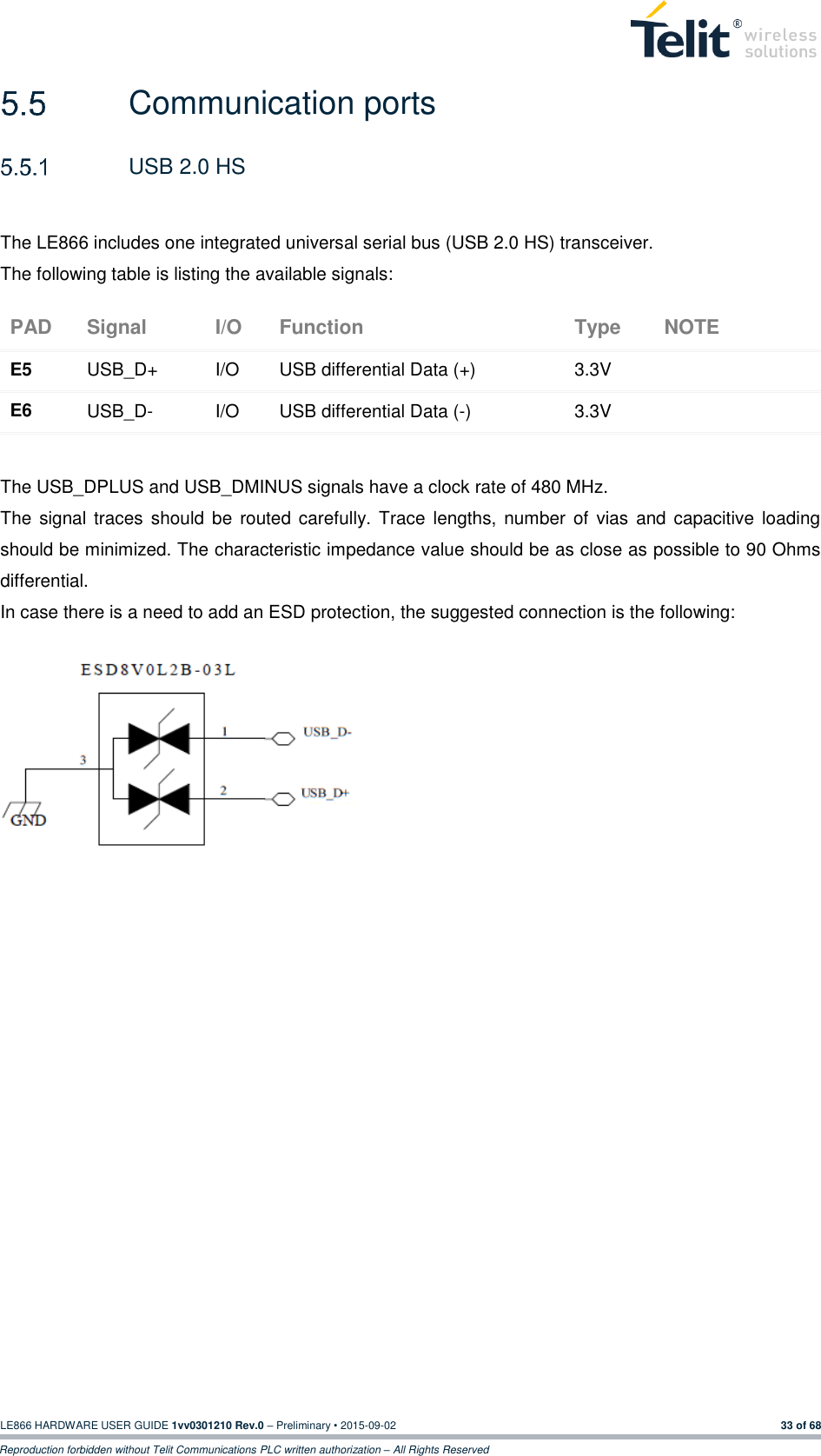  LE866 HARDWARE USER GUIDE 1vv0301210 Rev.0 – Preliminary • 2015-09-02 33 of 68 Reproduction forbidden without Telit Communications PLC written authorization – All Rights Reserved   Communication ports   USB 2.0 HS  The LE866 includes one integrated universal serial bus (USB 2.0 HS) transceiver. The following table is listing the available signals: PAD Signal I/O Function Type NOTE E5 USB_D+ I/O USB differential Data (+) 3.3V  E6 USB_D- I/O USB differential Data (-) 3.3V   The USB_DPLUS and USB_DMINUS signals have a clock rate of 480 MHz.  The  signal traces  should  be  routed  carefully.  Trace  lengths,  number of vias  and capacitive loading should be minimized. The characteristic impedance value should be as close as possible to 90 Ohms differential.  In case there is a need to add an ESD protection, the suggested connection is the following:                  